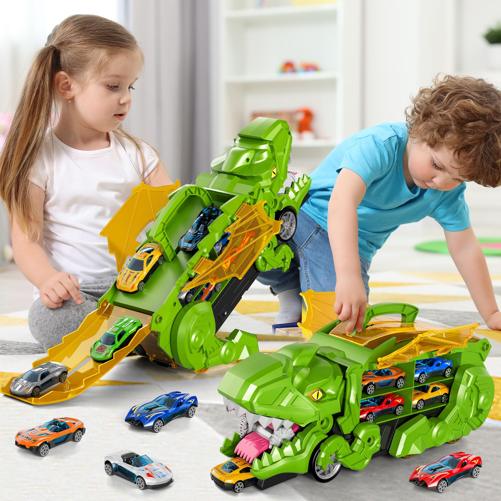 Ci Vetch Juguete de coche para niños de 3 a 6 años, 10 coches fundidos, camión de transporte de dinosaurios, se convierte en dinosaurio, verde