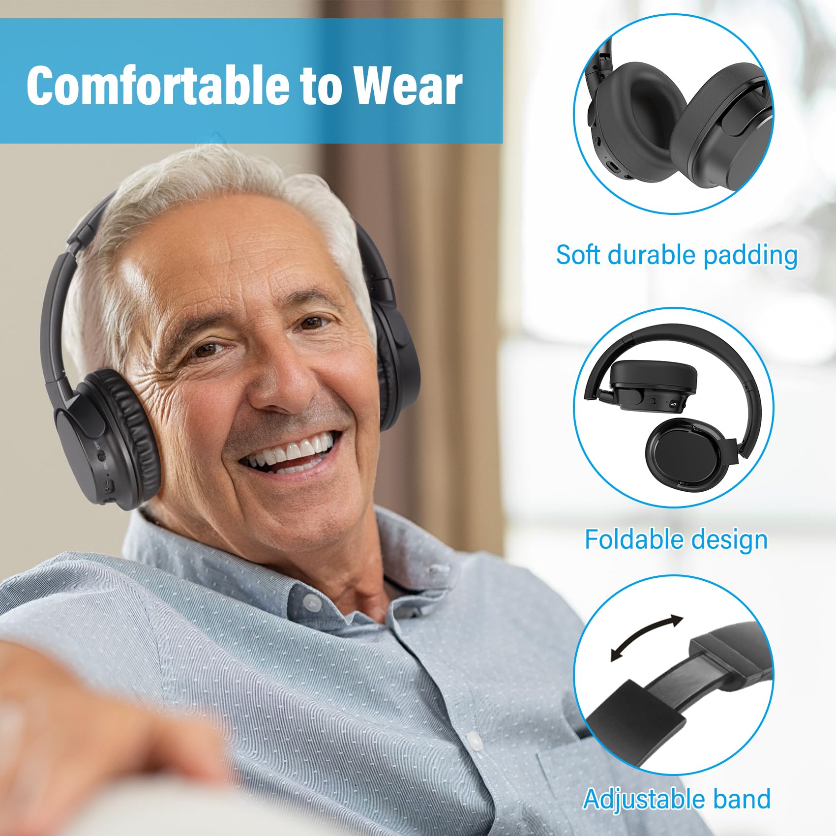 NEU 2025 TV Kopfhörer Kabellos Over Ear, Bluetooth 5.1 Funkkopfhörer Kabellos für TV/Telefon/Tablet/PC, 28 Stunden Audio Spielzeit, Keine Audioverzögerung, Plug and Play