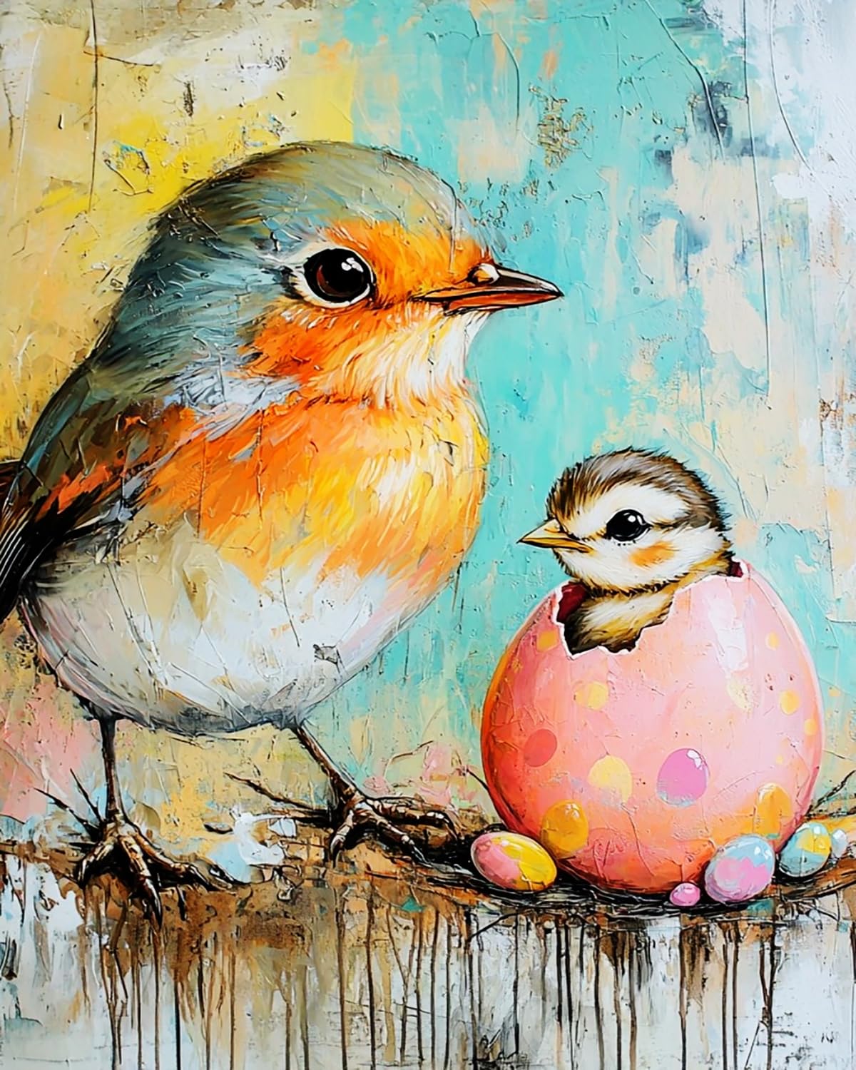 Liubaishi Multicolour Paint By Numbers Kit For Adults, 16X20 Inch, Spring Bird And Hatching Chick Theme, Acrylic On Canvas, With 3 Brushes