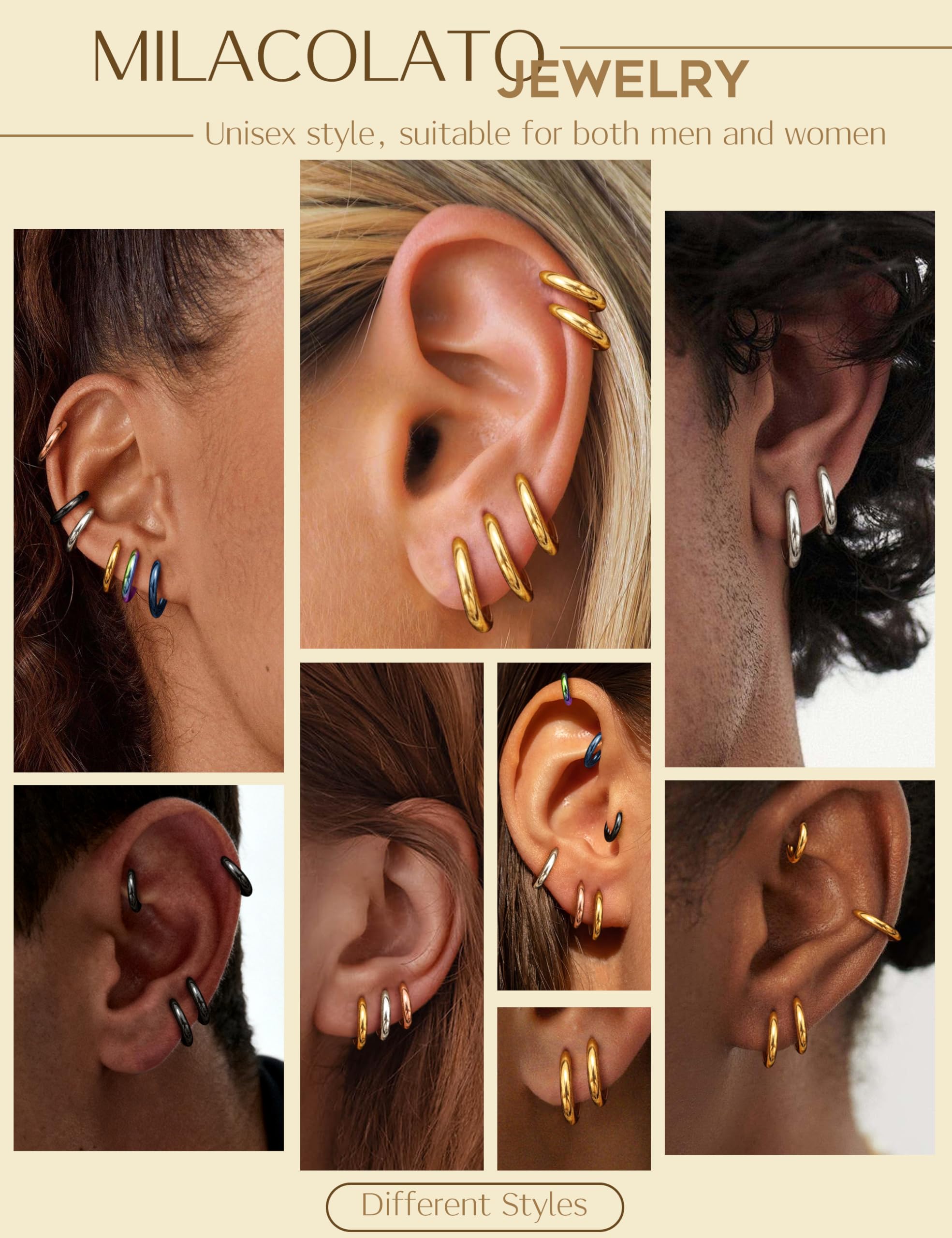 MILACOLATO Orecchini Cerchio Piccoli Per Donna Uomo Acciaio Chirurgico Cartilagine Orecchini Huggie Lobo Naso Anello Labbro Daith Helix Piercing Gioielli Orecchini a Cerchio Hinged 6/7/8/9/10mm
