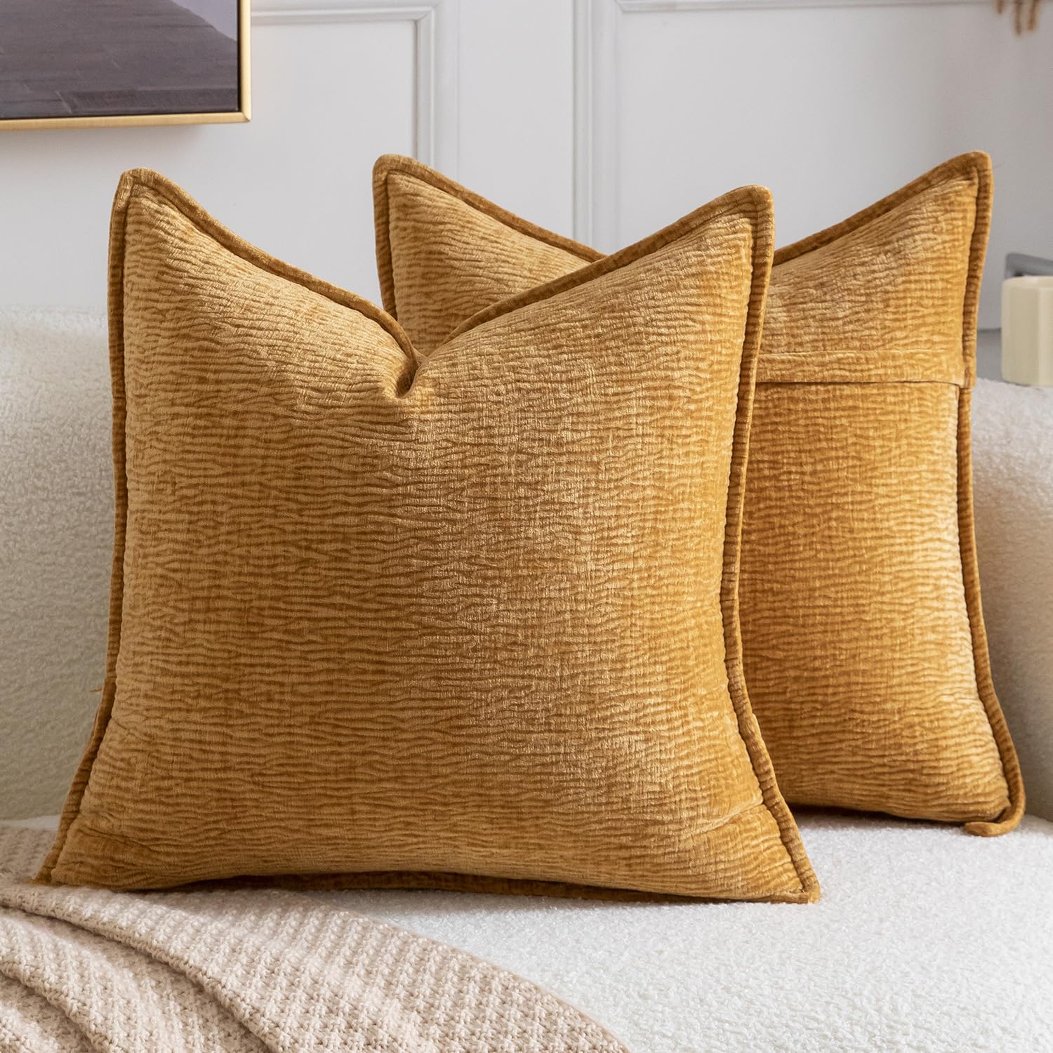 Madizz Pack of 2 Decorative Cushion Covers Soft Chenille Throw Pillows Solid Textured Throw Pillow Covers for Couch Sofa Bedroom Living Room 50x50 CM, Mustard Yellow โ image 1