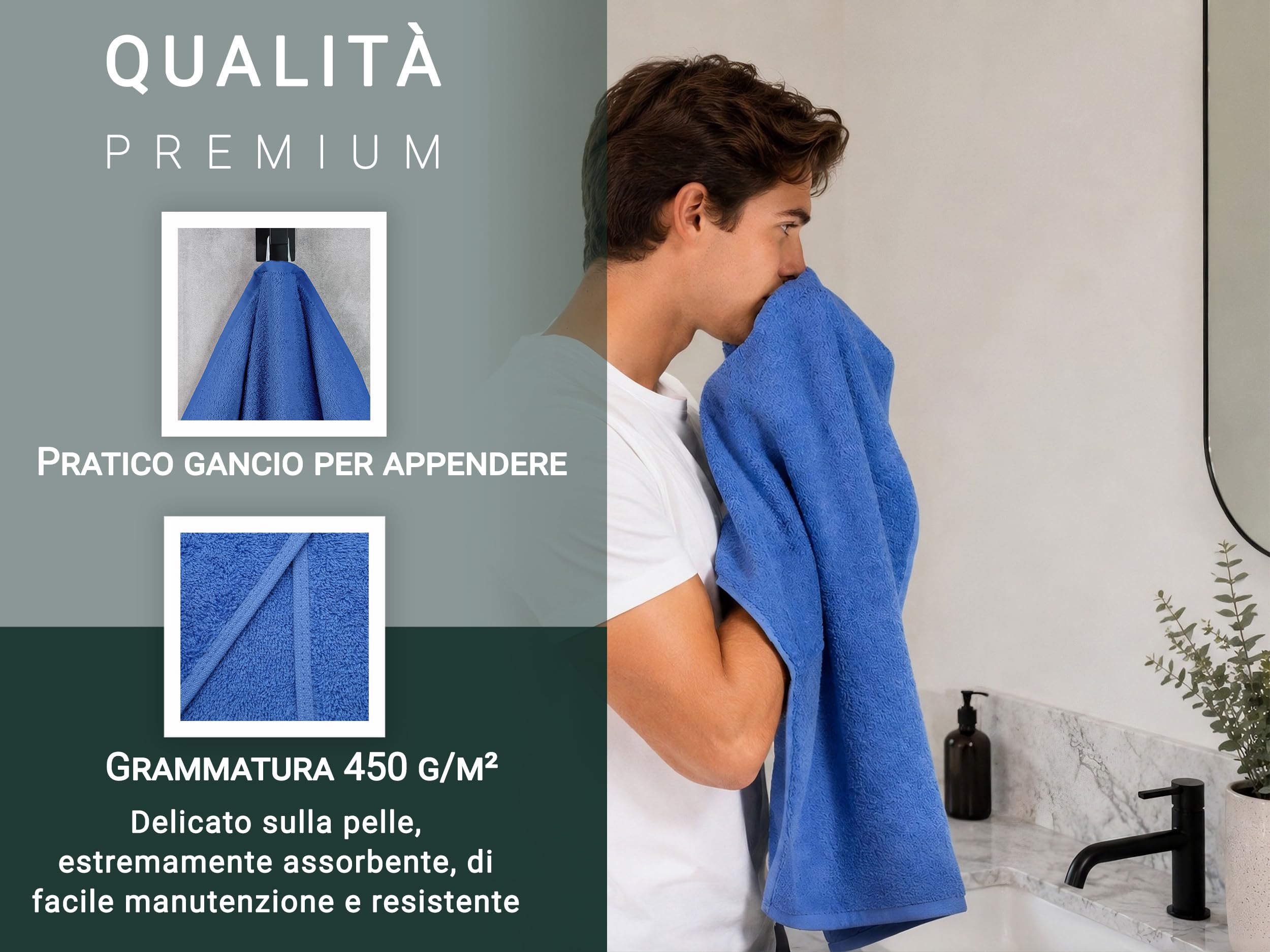 ZOLLNER Set da 10 asciugamani 50x10 cm – morbidi e assorbente - blu | con pratico gancetto – lavabile a 95°C – Cotone – Qualitá alberghiera