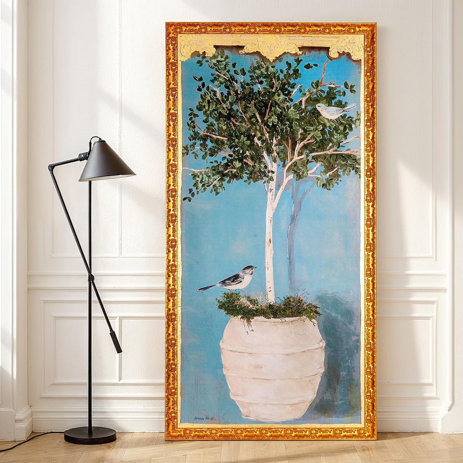 Creative Co-Op Wood Framed Canvas Wall Décor with Bird and Tree in Pot, Multicolor