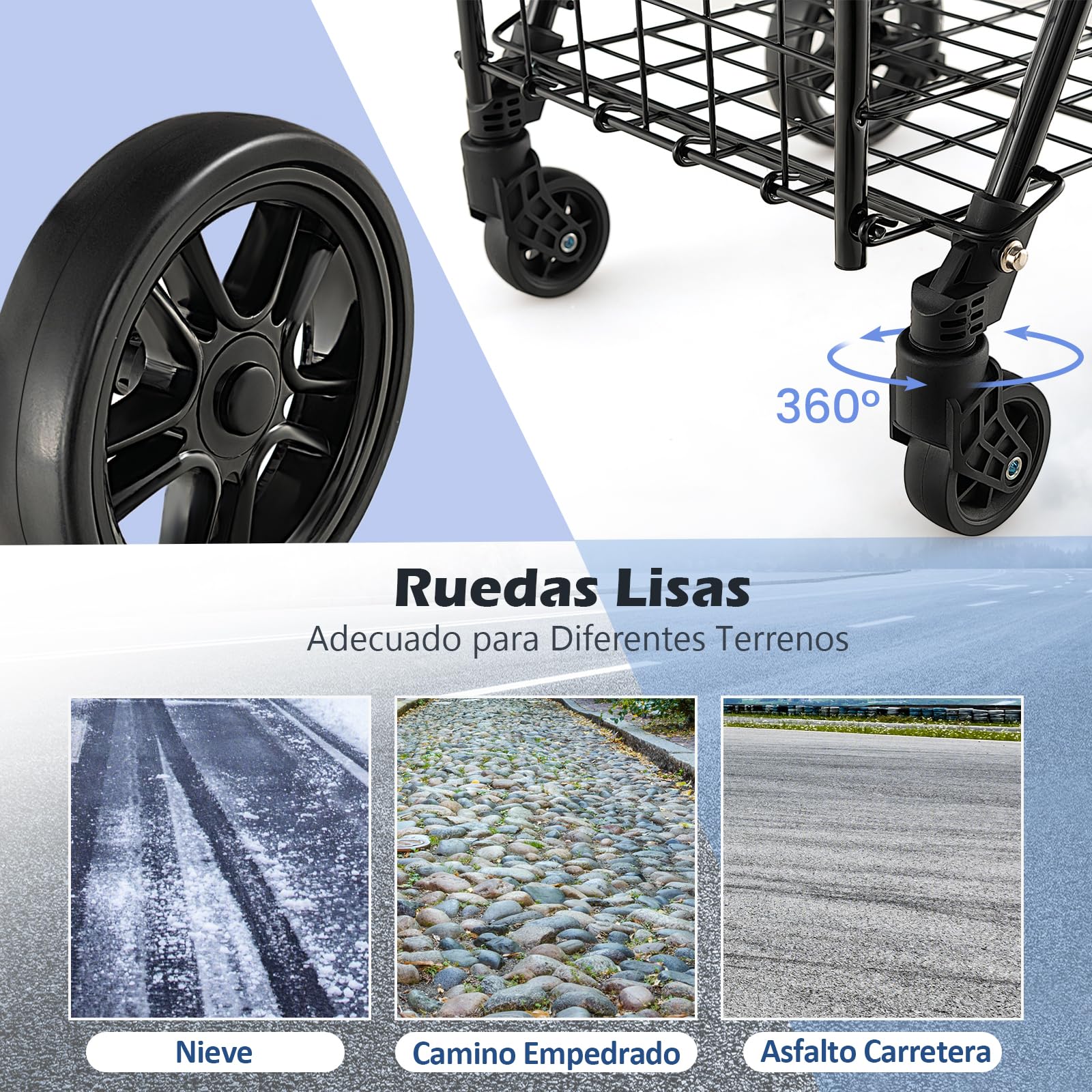 GYMAX Carro de la Compra Plegable de Metal, Carrito Compra Portátil con Doble Cesta 48 L+10 L, Soporta hasta 20 kg, 4 Ruedas, con Asa Ajustable de 89 a 95 cm (Negro)
