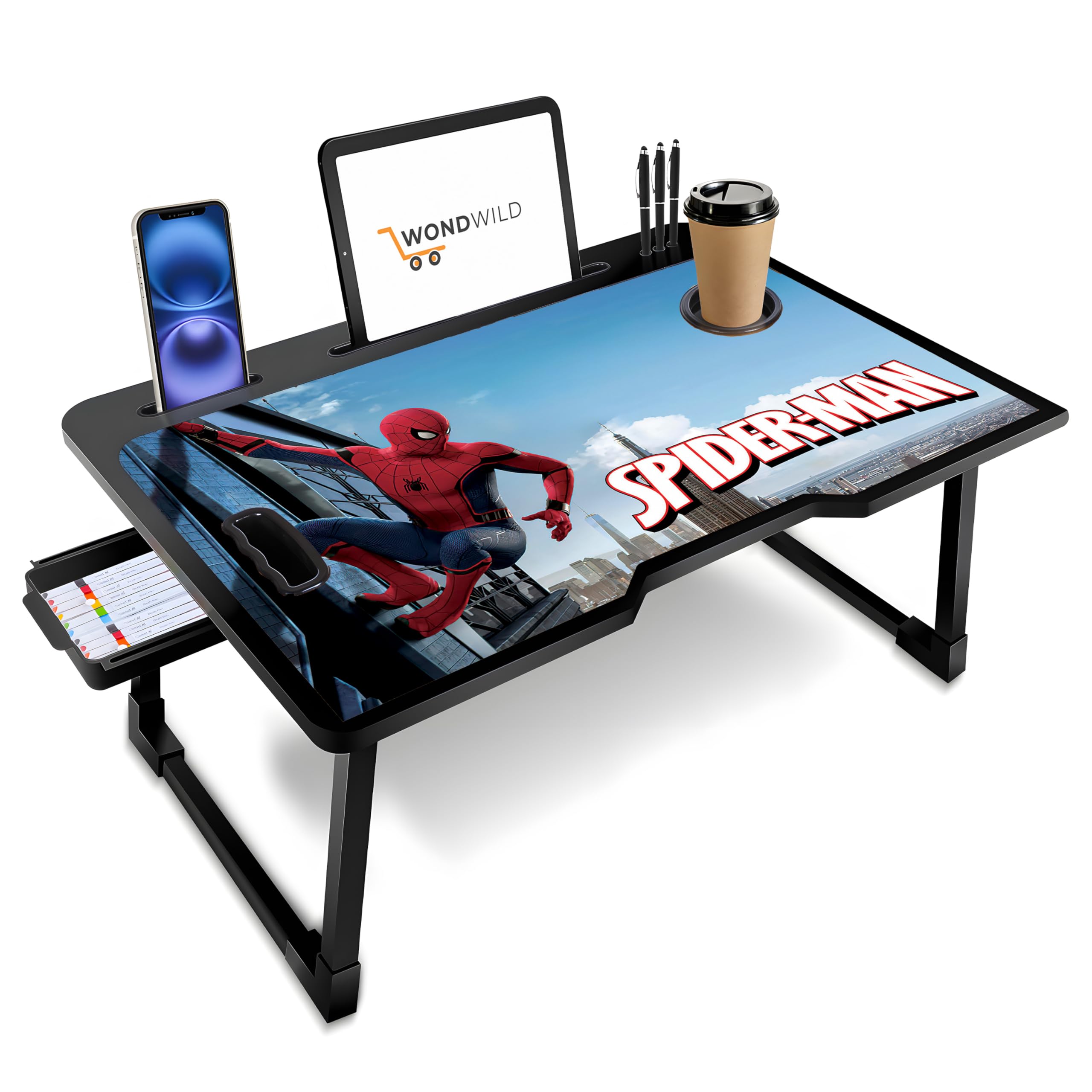 WONDWILD Premium Foldable Wooden Mini Laptop Table for Bed, Study Table with Drawer, Tablet/Mobile Holder for Kids & Adults (SP COTTED)-image-14