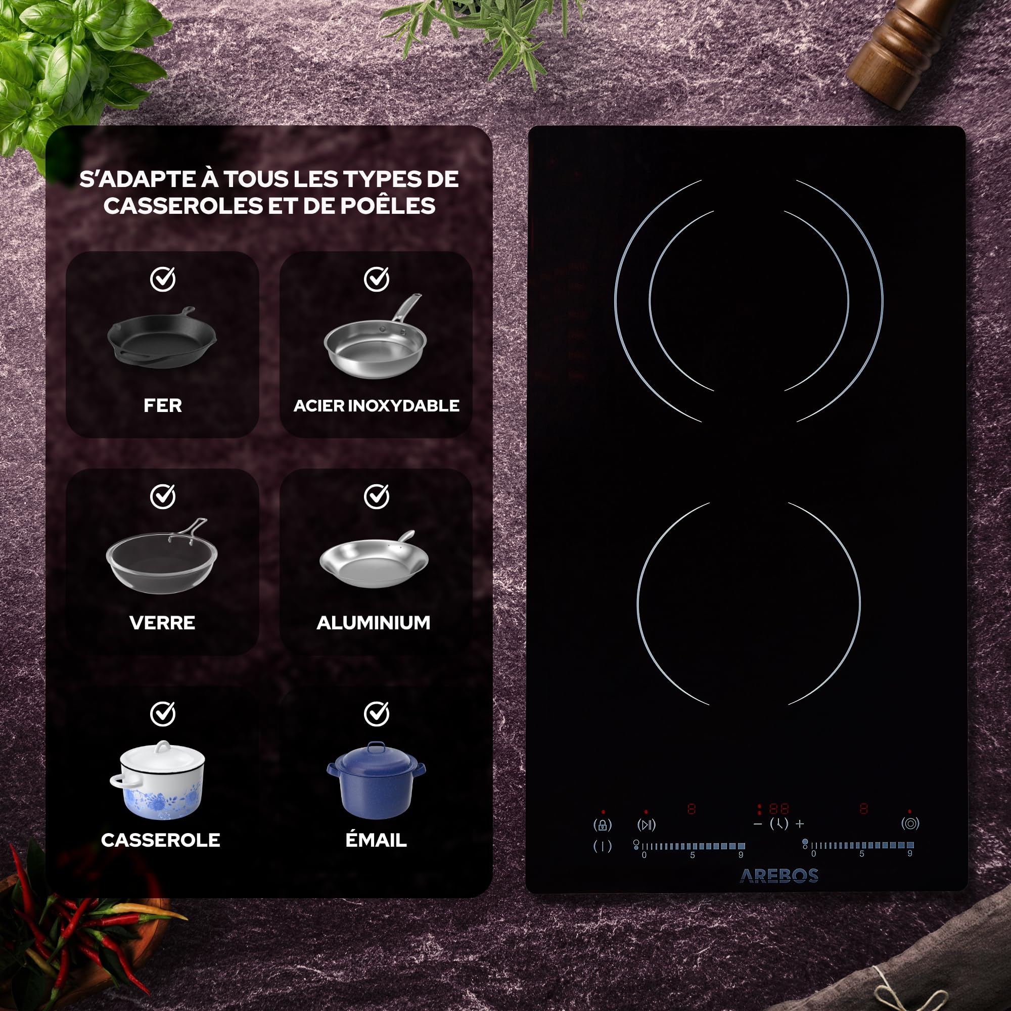 Plaque à Induction AREBOS 3500W 2 Feux - Tactile, Minuterie, Noire