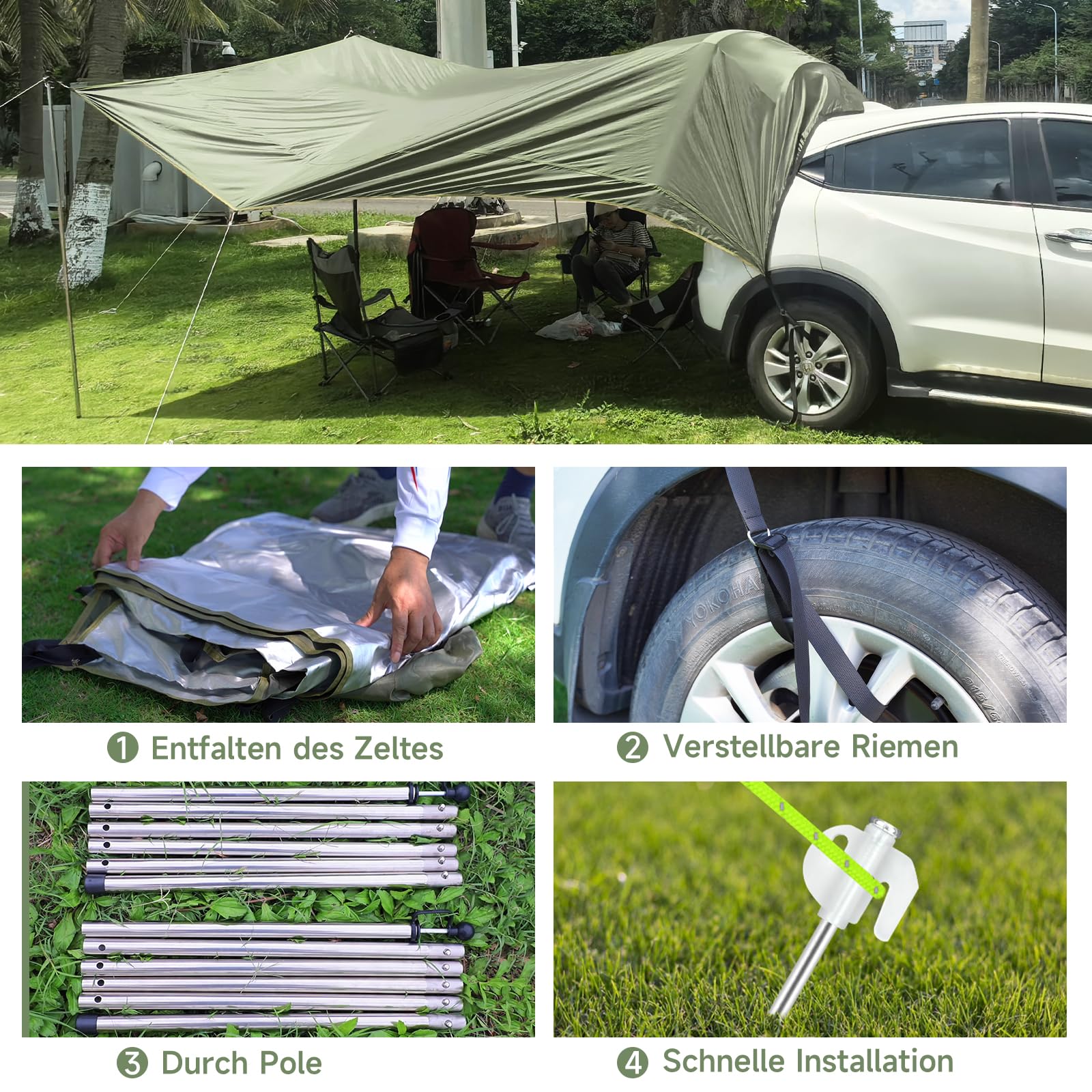 Tenda da Sole per Auto Impermeabile Antistrappo con Palo Regolabile per Camper Veranda