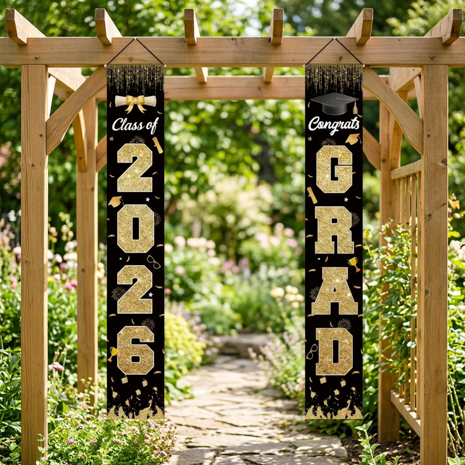 Graduation Decorations Class Of 2026 Banner Black And Gold Backdrop Banner, Graduation Party Decor Congrats Grad Booth Backdrop For Kindergarten Preschool High School College