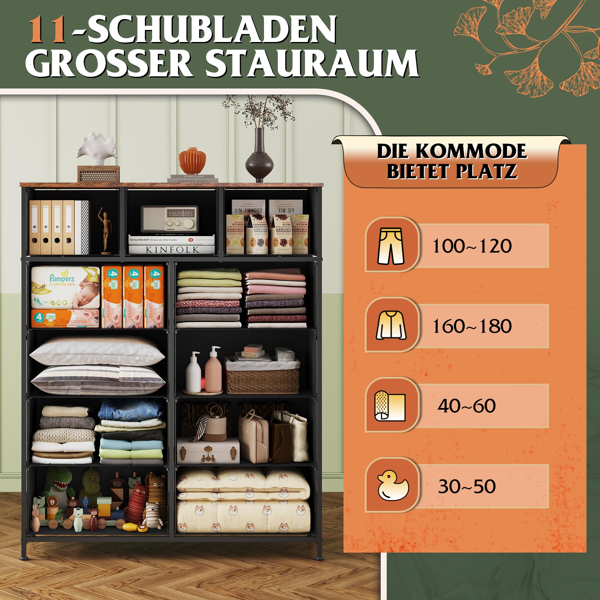 WLIVE Kommode mit 11 Schubladen aus Stoff, Kommodenschrank für Schlafzimmer, Kommode Wohnzimmer, mit Stabiler Stahlrahmen, Bohemien