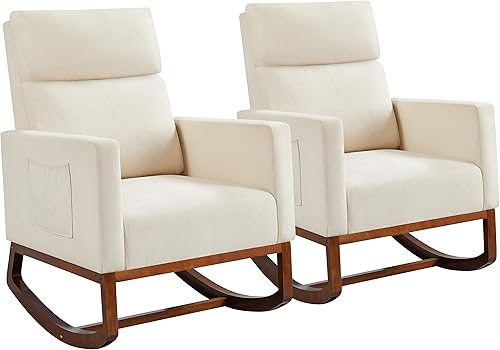 Yaheetech Mecedora tapizada para cuarto de bebé, con patas de madera de goma, bolsillo lateral, sillón con respaldo alto para sala de estar,