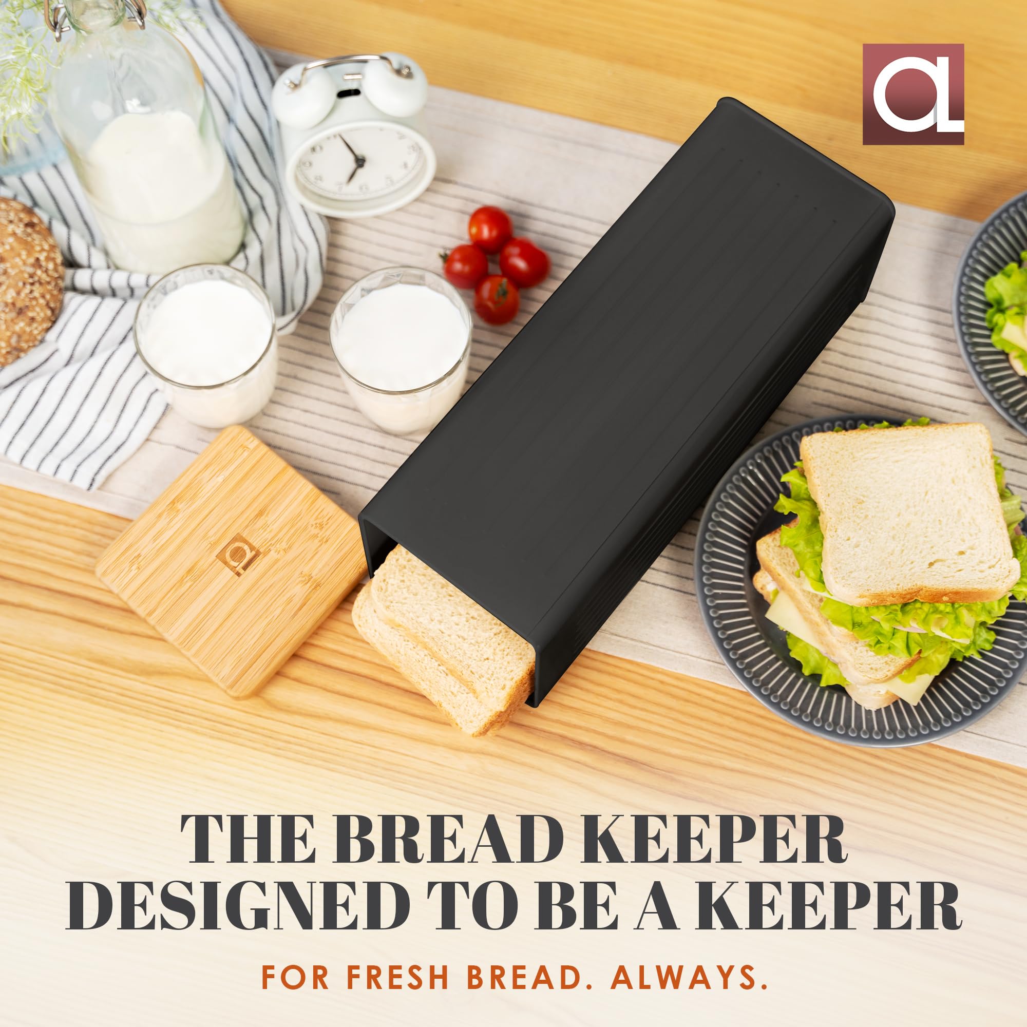 Apace Living FRESHSLICE - Panera 2.0 | Panera con tapa hermética | Panera de metal con tapa de bambú para pan casero, 5 litros (negro clásico)