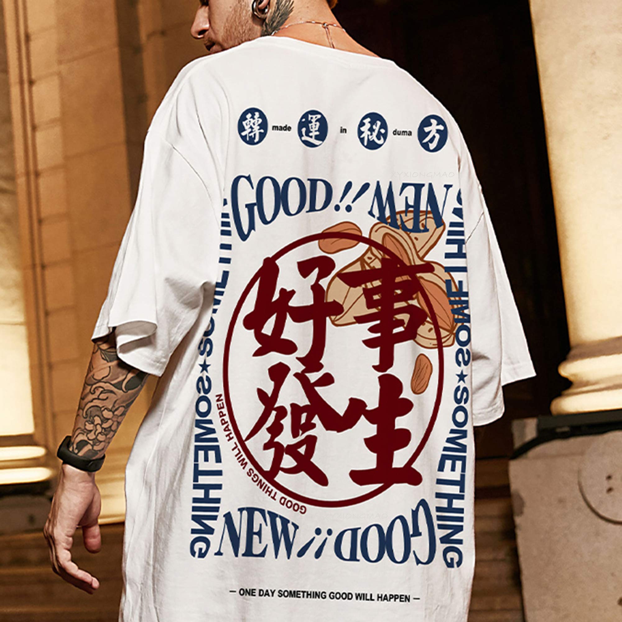 XYXIONGMAO T-shirt casual bianca con stampa grafica Kanji giapponese, unisex, streetwear, hip hop, maglietta da uomo