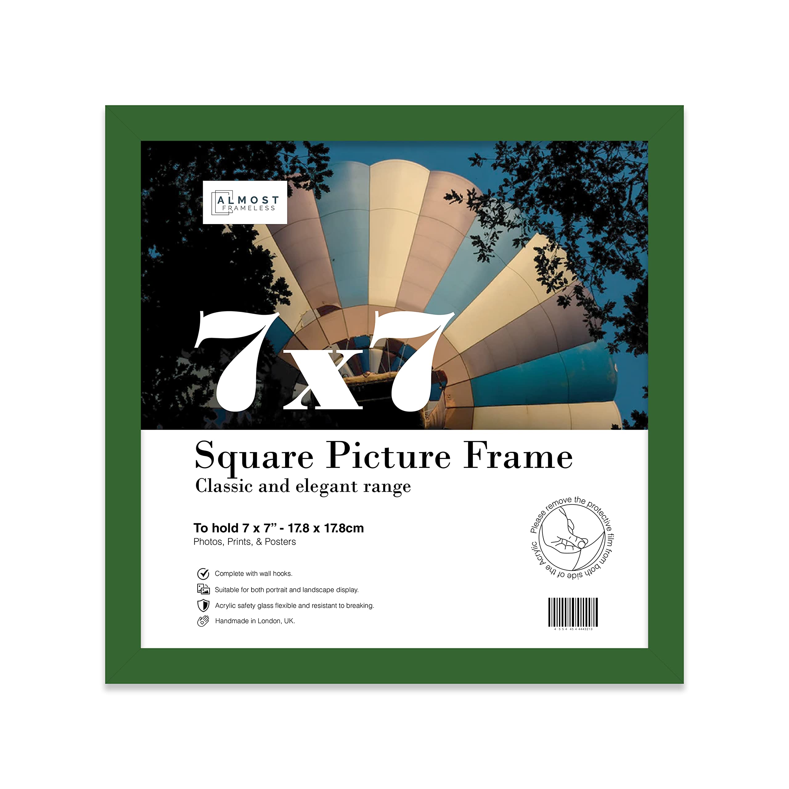 7x7 Inch Green Square Thin Photo Frame Wall Mountable and Freestanding Thin Picture Frame Standard Square Photograph Size, 7" X 7"(17.8 X 17.8cm)