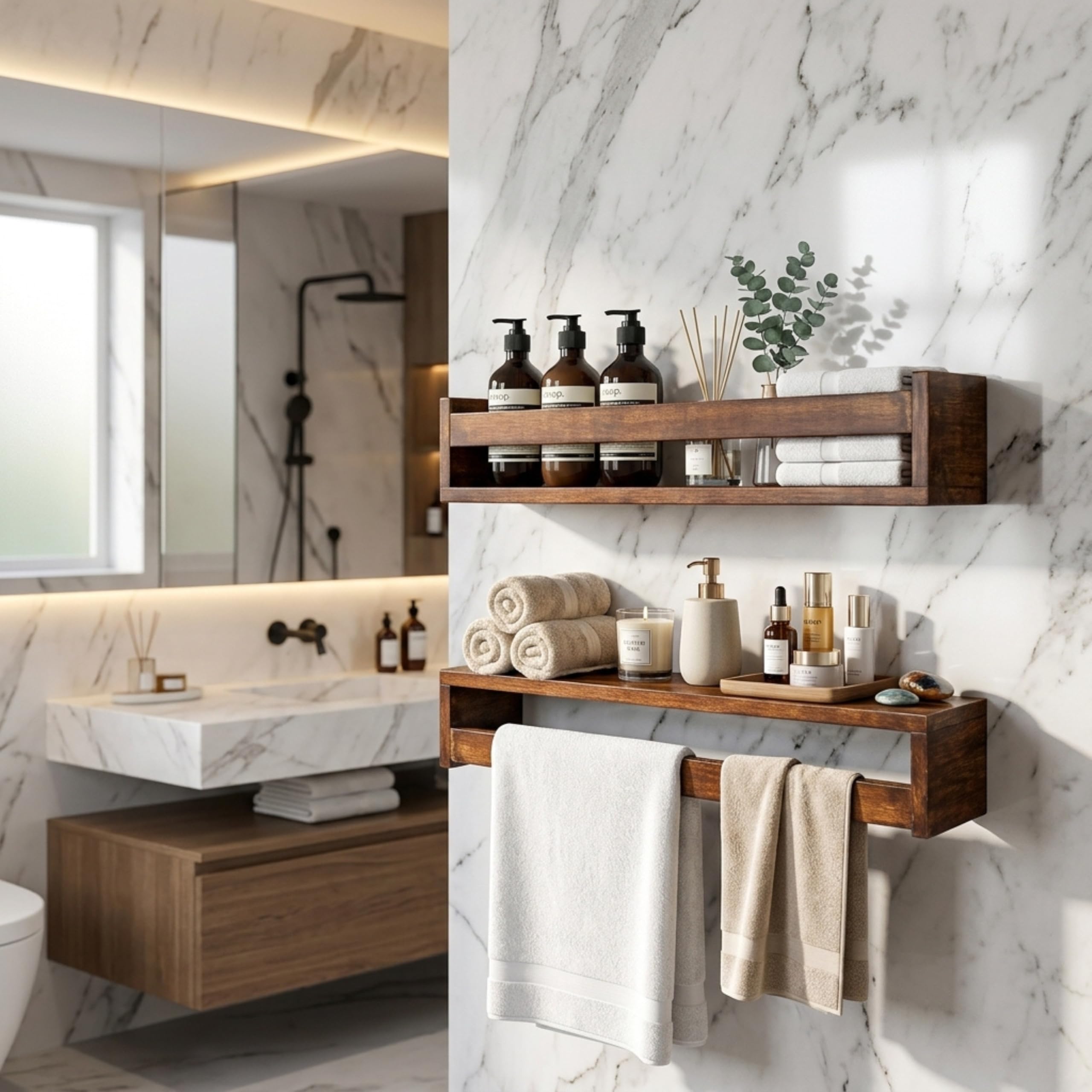 Mango Wood Floating Wall Shelf with Towel Bar | Multipurpose Wall Mounted Shelf for Bathroom, Kitchen, Living Room & Bedroom | Reversible Design | Rustic Wooden Display Shelf-image-29