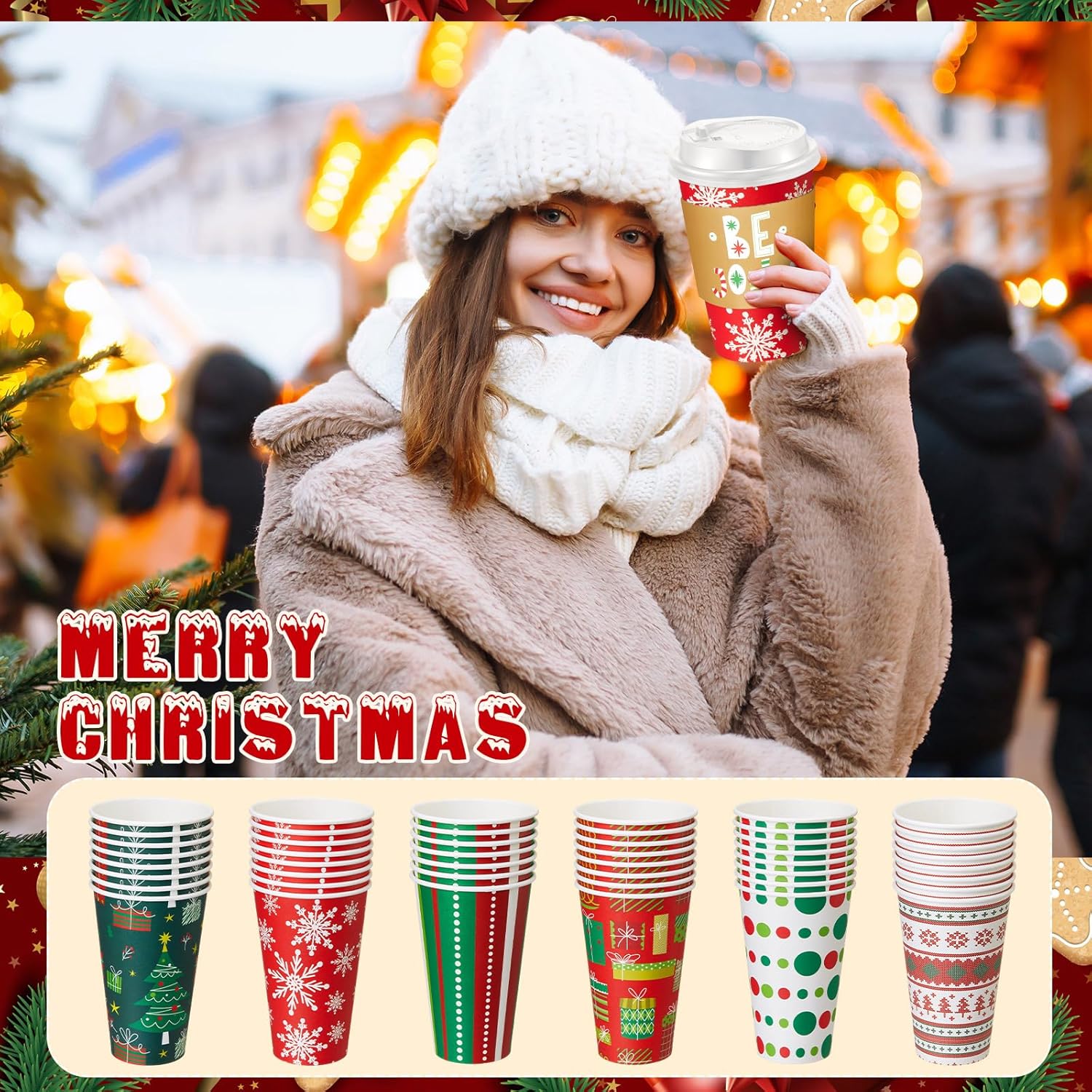 120 Sets Christmas Coffee Cups with Lids and Sleeves Stirrers Christmas Disposable Hot chocolate Cocoa Paper Cups for Xmas holiday Beverage Party Supplies(16 oz)