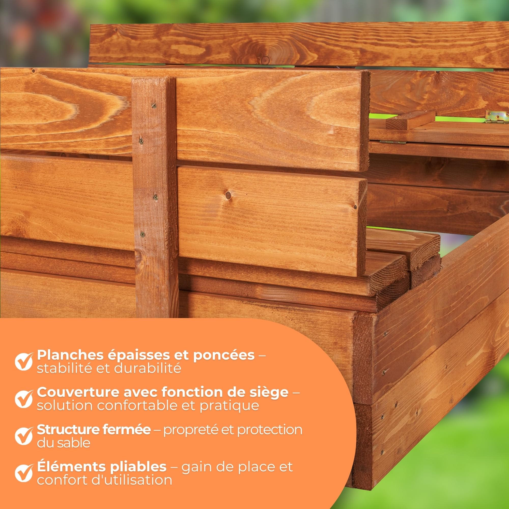 SPRINGOS Bac à Sable Bois 120x120 cm – Couvercle, Bancs, Géotextile, Bâche – Planches 18-20 mm, Bords Arrondis, Traitement Écologique – Fabriqué en Pologne
