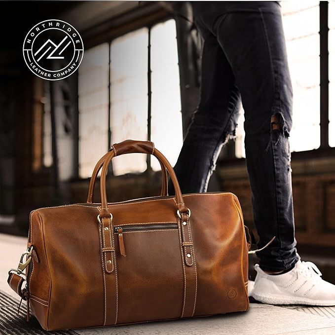 Premium Full-Grain Leather Duffle Bag for Men & Women | 20-Inch Handcrafted TSA Approved Carry-On Weekender Travel Bag with Multiple Pockets & Compartments by Northridge Leather (Tan))