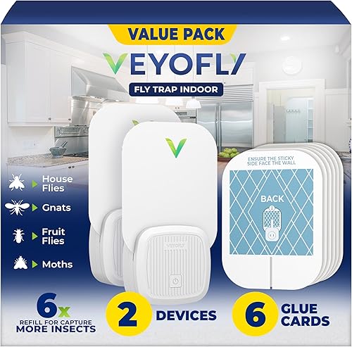Veyofly Trampa para atrapar moscas, moscas de frutas, mosquitos, insectos (2 dispositivos + 6 repuestos), para interiores de casa, con enchufe y luz