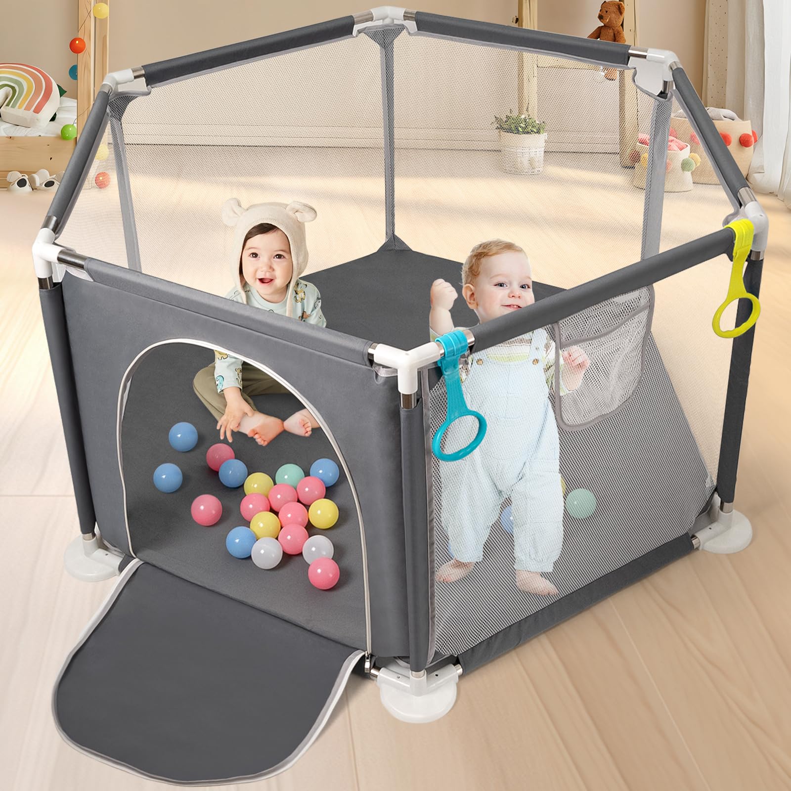 CHOLY Box esagonale per neonati con rete traspirante, recinzione attività bambini, borsa viaggio grigio scuro