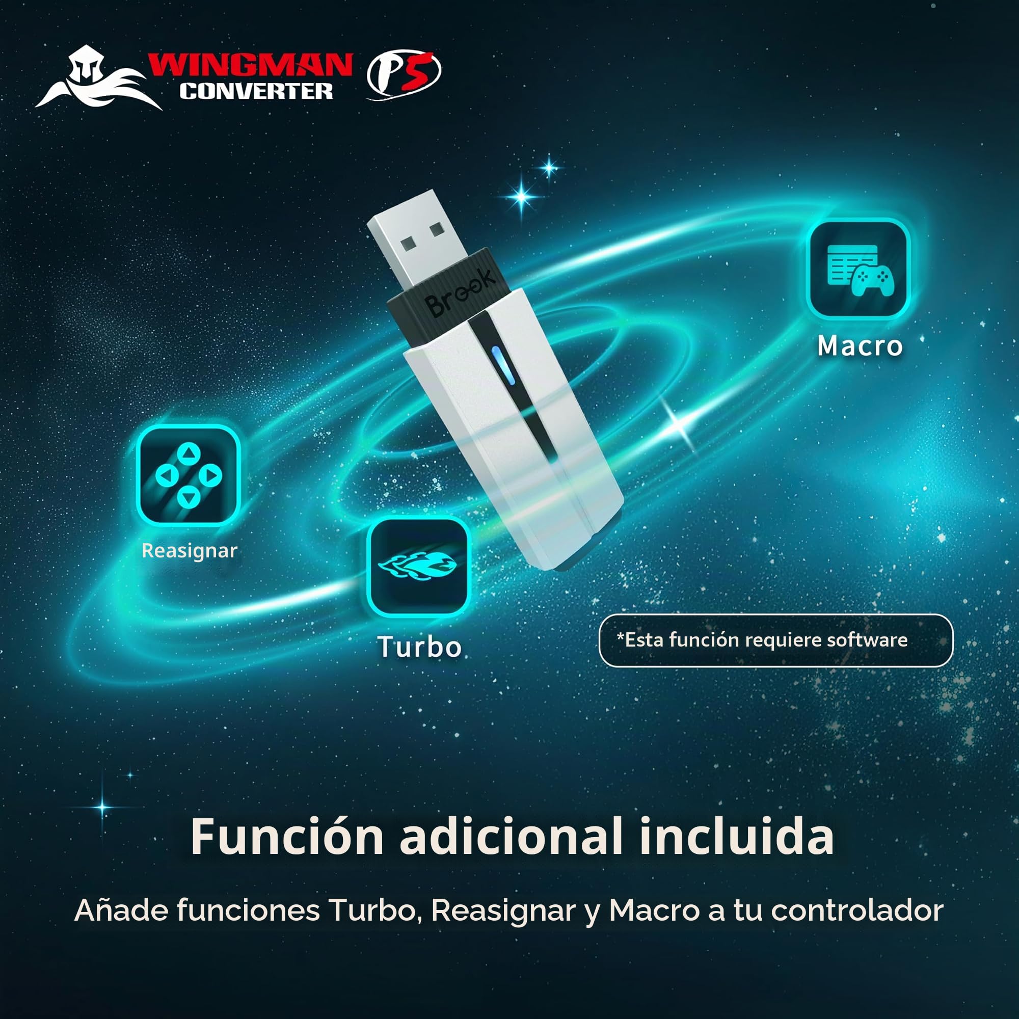 Brook Wingman P5 - Convertidor de controlador P5 P4 para PC con soporte inalámbrico y por cable, vibración, movimiento de seis ejes, Turbo, Macro, Remap a través del software Converter Center (Versión