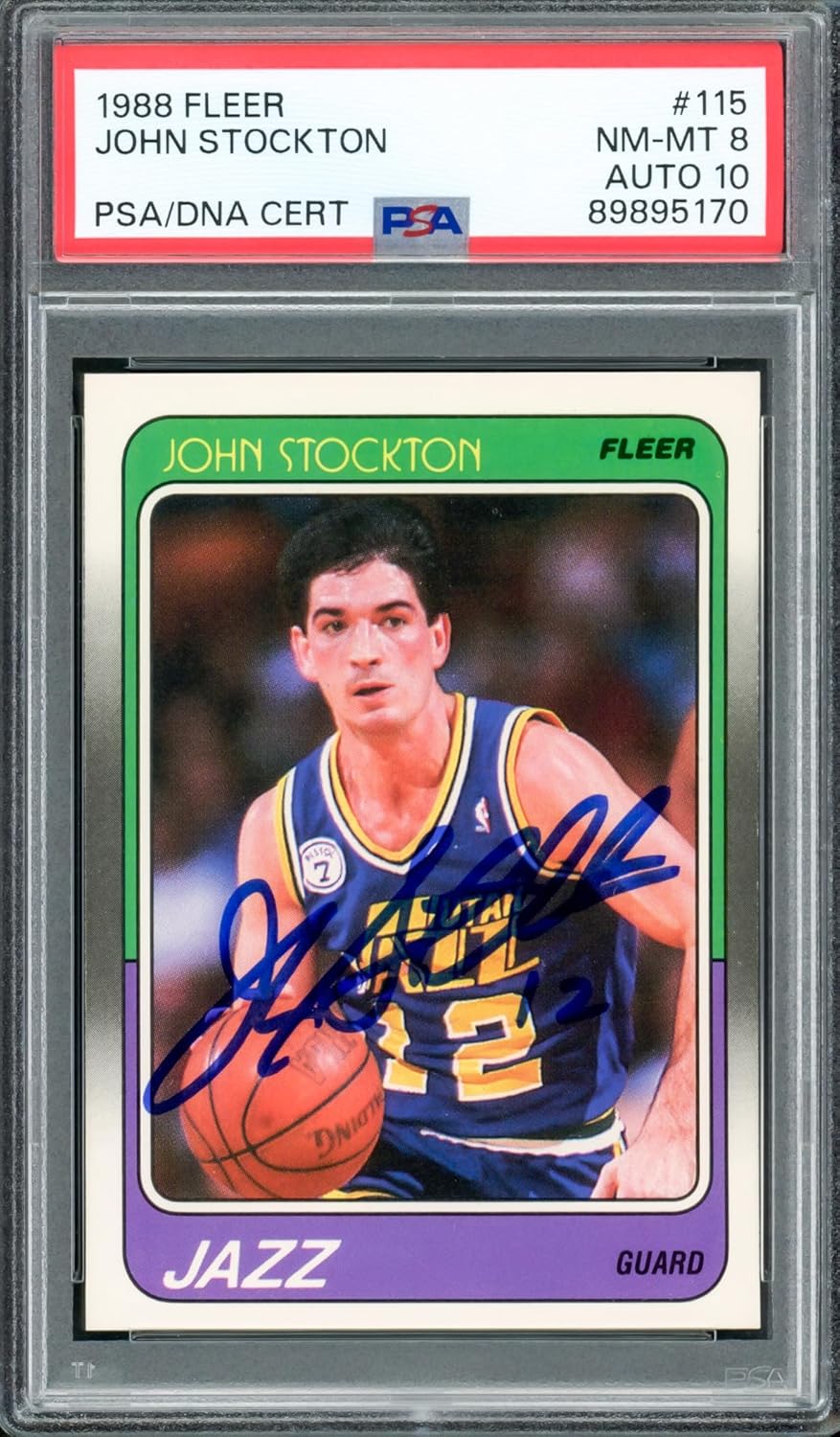 John Stockton Autographed 1988 Fleer Rookie Basketball Card #115 PSA 8 Auto Grade Gem Mint 10 PSA/DNA #89895170