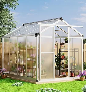 Garvee 6x8 FT Greenhouse - Aluminum Greenhouses for Outdoors, Large Polycarbonate Greenhouse with Roof Vent, Heavy Duty Walk-in Green Houses for Outside Garden, Backyard, Patio, Lawn, Easy Assembly