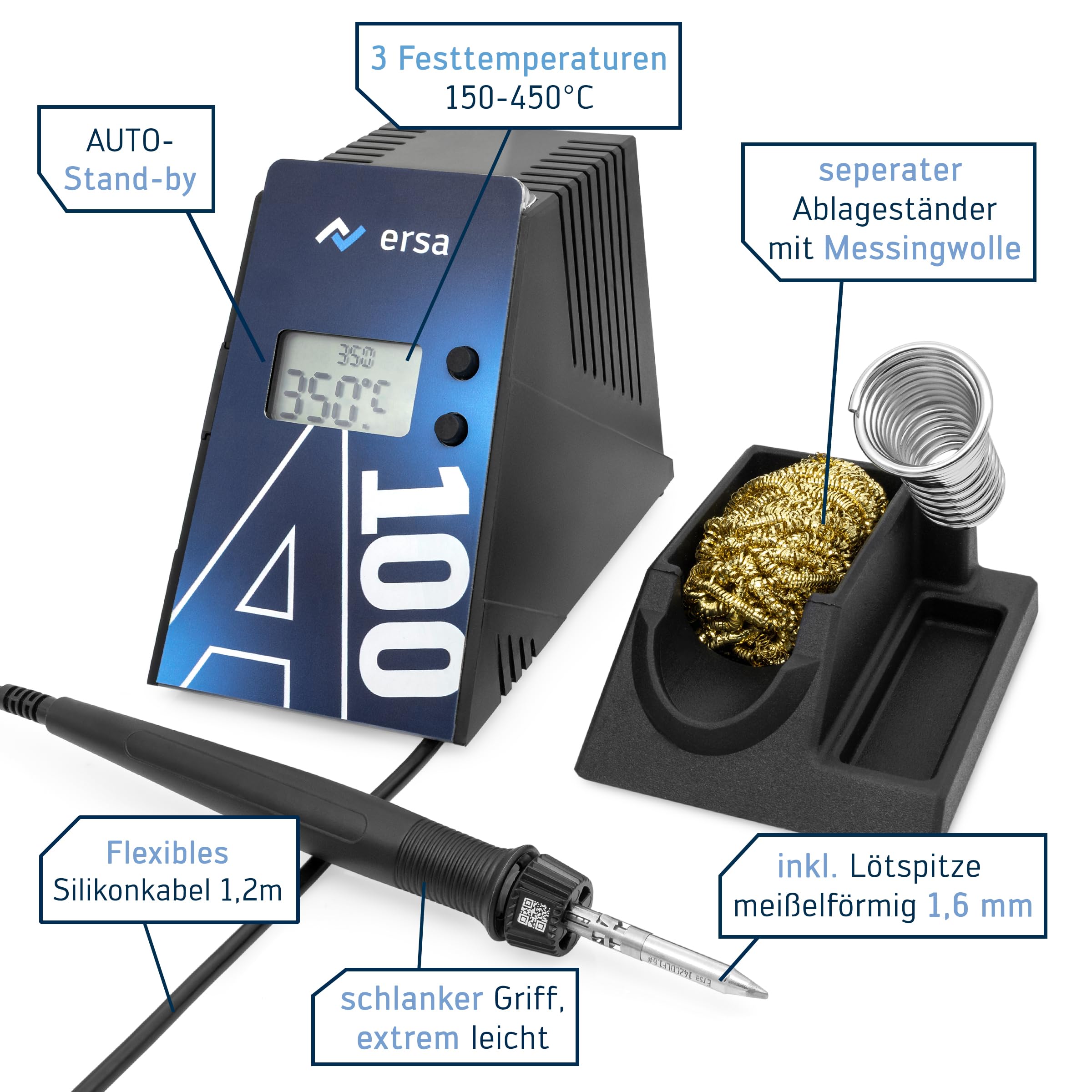 ERSA A100 80 WATT digitale Lötstation 150-480°C mit ergonomischen Lötkolben & TIP´N´TURN Lötspitzen-System mit Auto-Standby