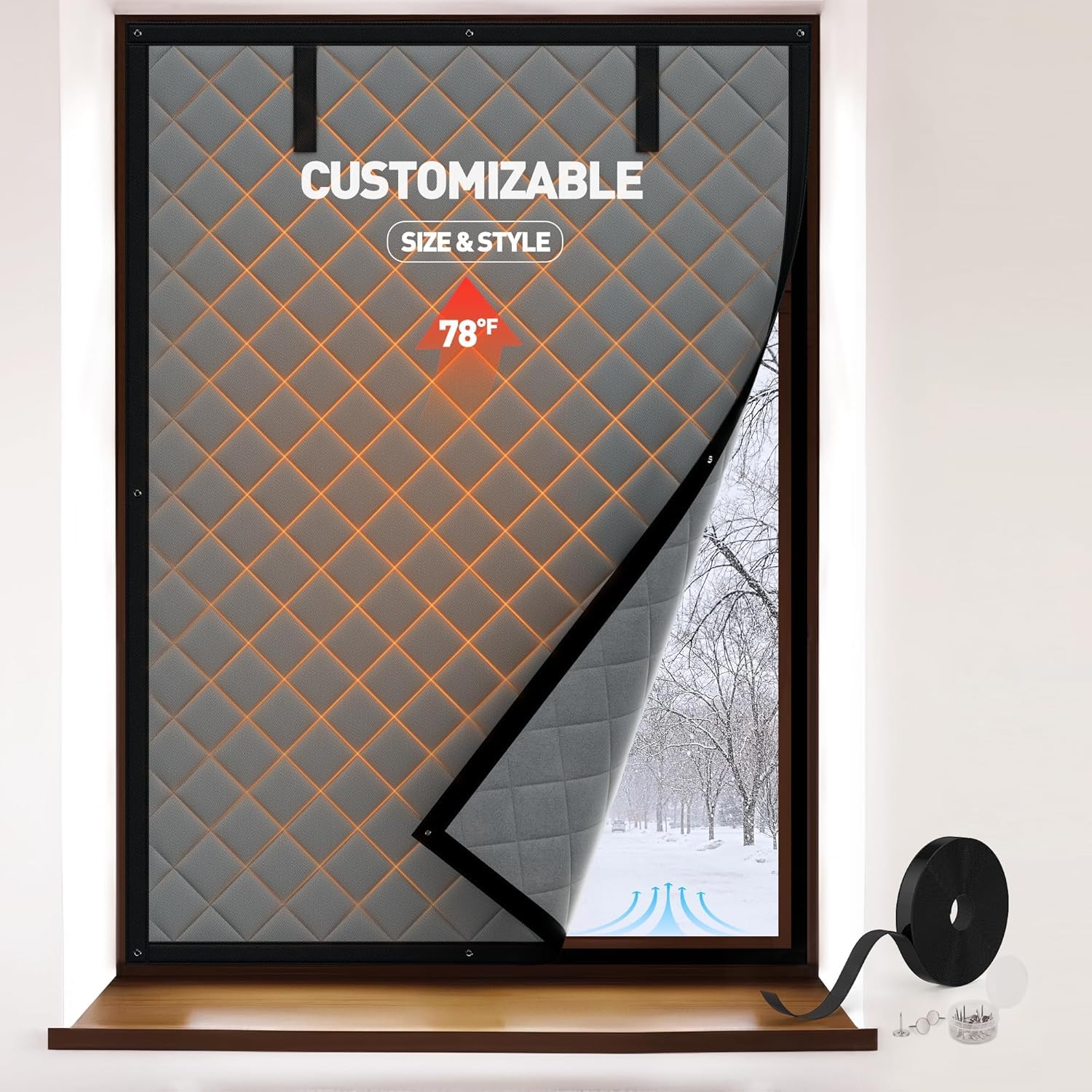MAGZO Custom Winter Window Insulation Kit Thermal Insulated Curtains Windproof Soundproof Blackout Curtains for Cold Weather with Cotton Layer