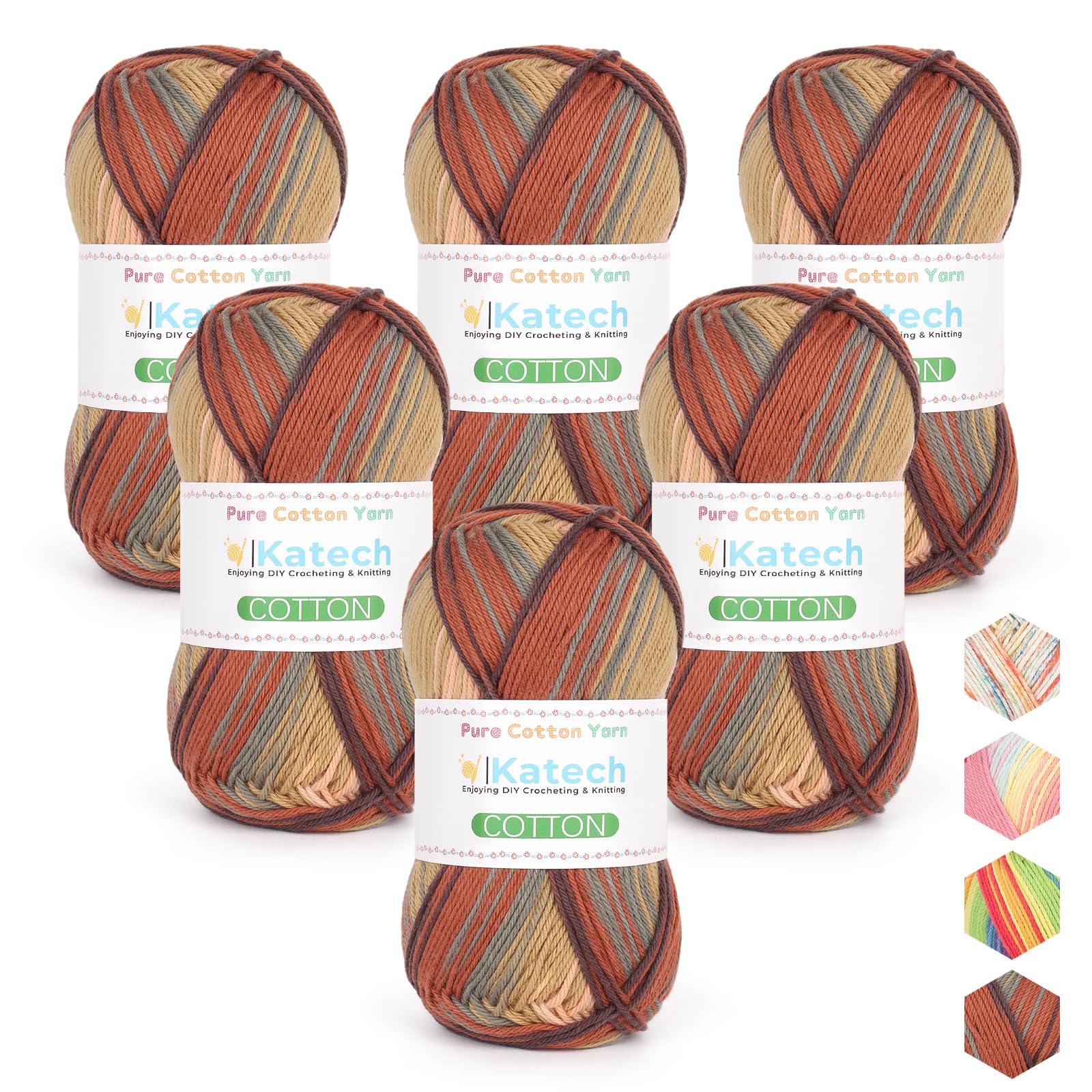 Katech 1OO% Ombre Cotton Yarn for Crocheting - 2 Sport Weight Baby Yarn for Knitting - 6 Pcs of 50g(1.76oz)/160m(175yd), Fine Soft Multicolor Yarns for Baby Blankets, Afghans, Shawls, Dress, Hats (D)
