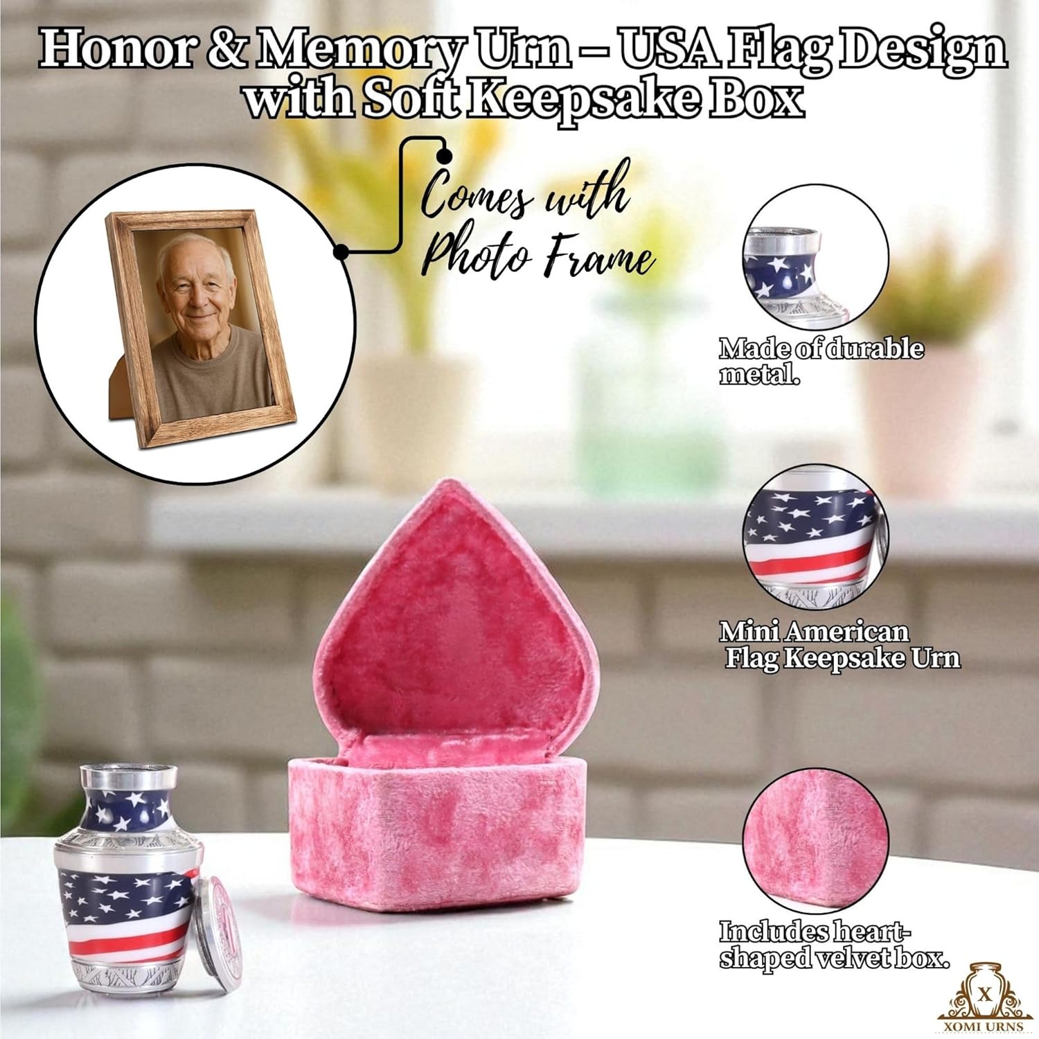 American Flag Keepsake Cremation Urn, Mini 3 Cu/in Memorial Urn with Photo Frame & Heart-Shaped Pink Box – Patriotic Decorative Token Urn for Ashes – Handcrafted Tribute for Loved Ones - Image 2