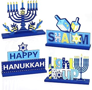 4 Pieces Hanukkah Party Decorations Wooden Chanukah Party Supplies Hanukkah Centerpieces Table Decorations for Home Party Holiday