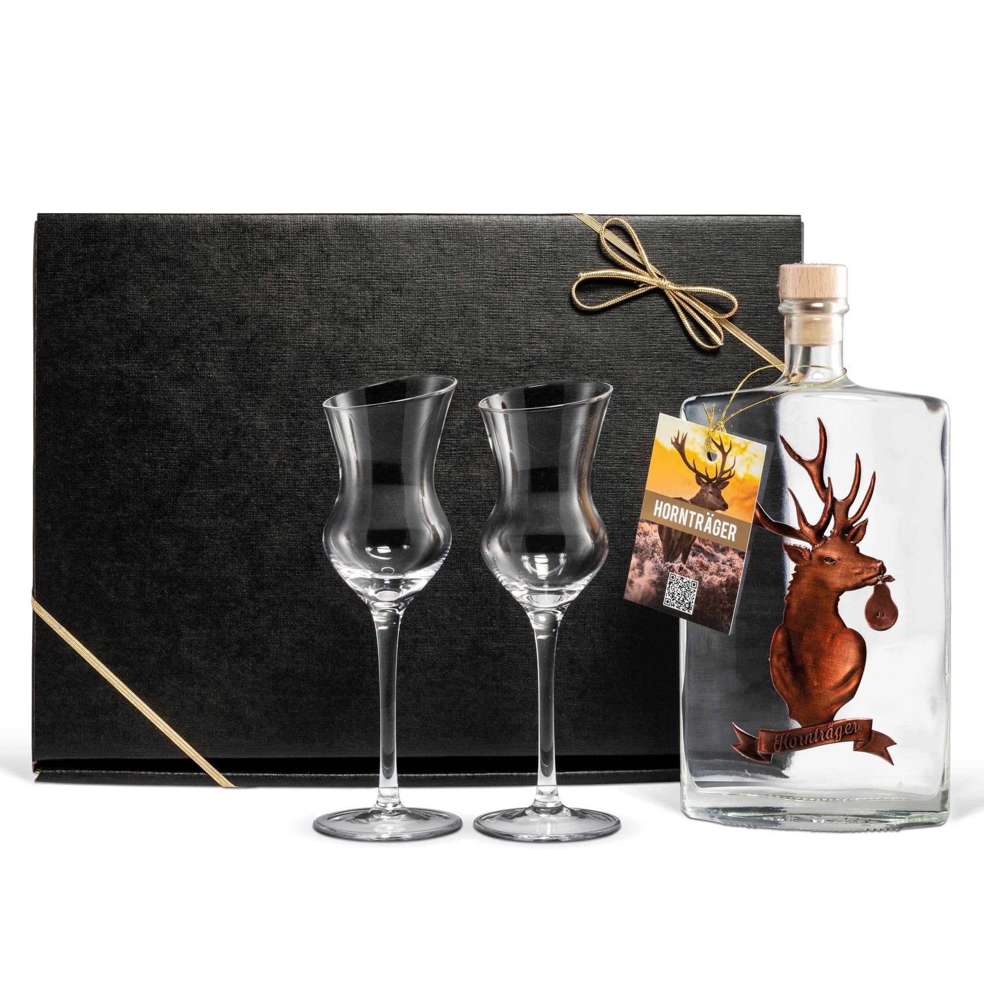 Hornträger Williamsbirne (0,5 l) exklusiv Geschenkset inkl. 2 geschrägten Obstbrand-Gläsern für Männer, Jäger & Sammler