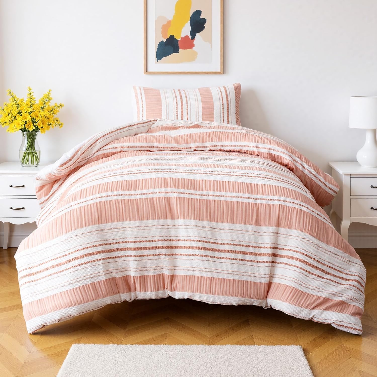  Comforter Set, 2-Piece Jacquard Comforter and Pillow Sham, All-Season Bedding, Twin, Pink Striped thumbnail