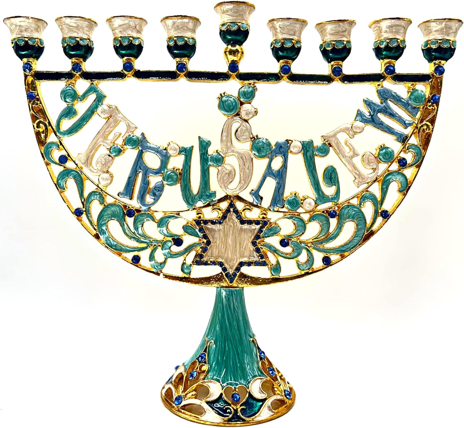 Cohen Tsemach Art & Gift Enamel Menorah Star of David & Jerusalem Hand Painted Hanukkiah Turquoise