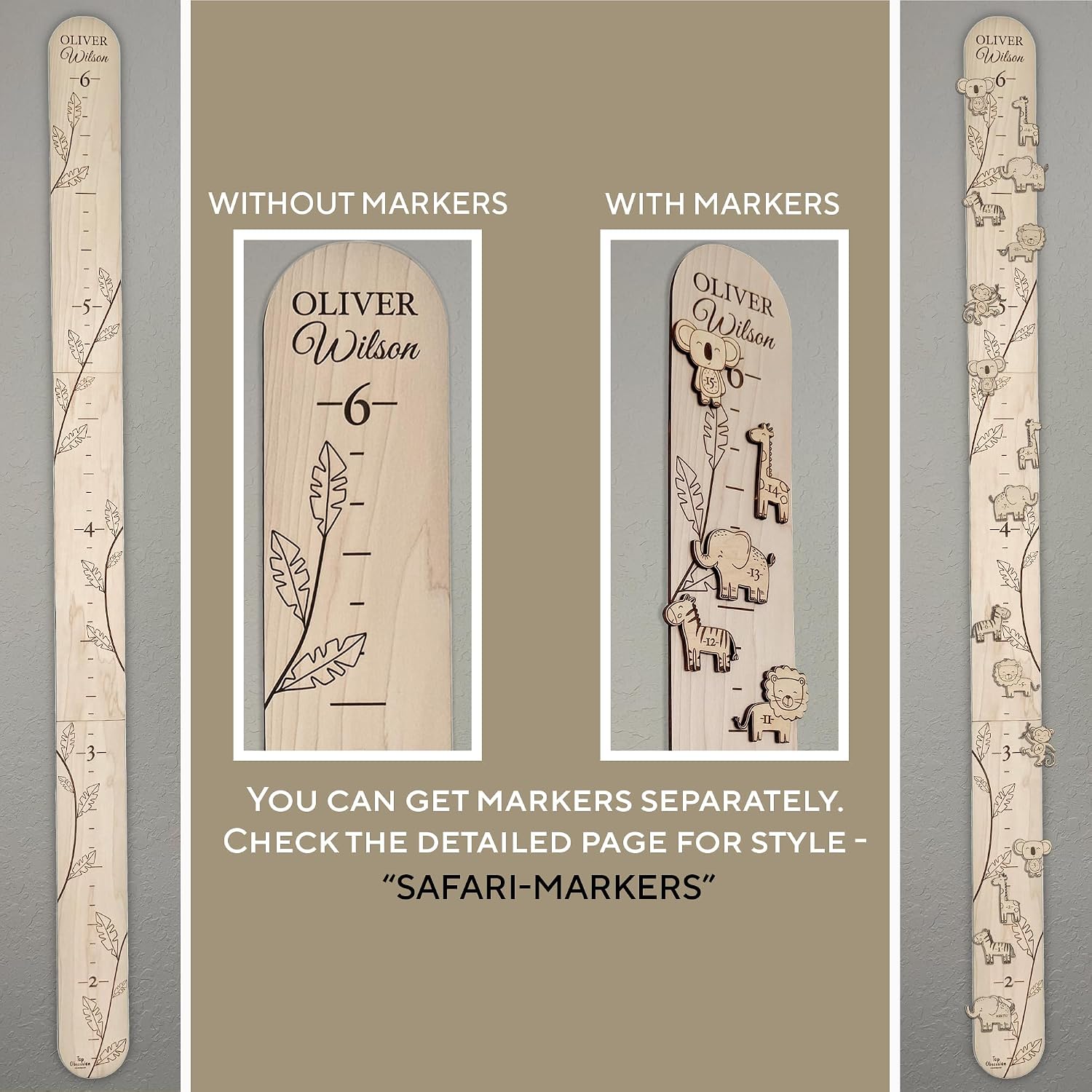 Personalized Jungle Growth Chart Wood - Engraved Growing Ruler Chart for Kids, Children Measuring Height Chart Baby Boy, Large Measuring Board Wooden, Animals Growing Wall Measurement, 2 Sizes