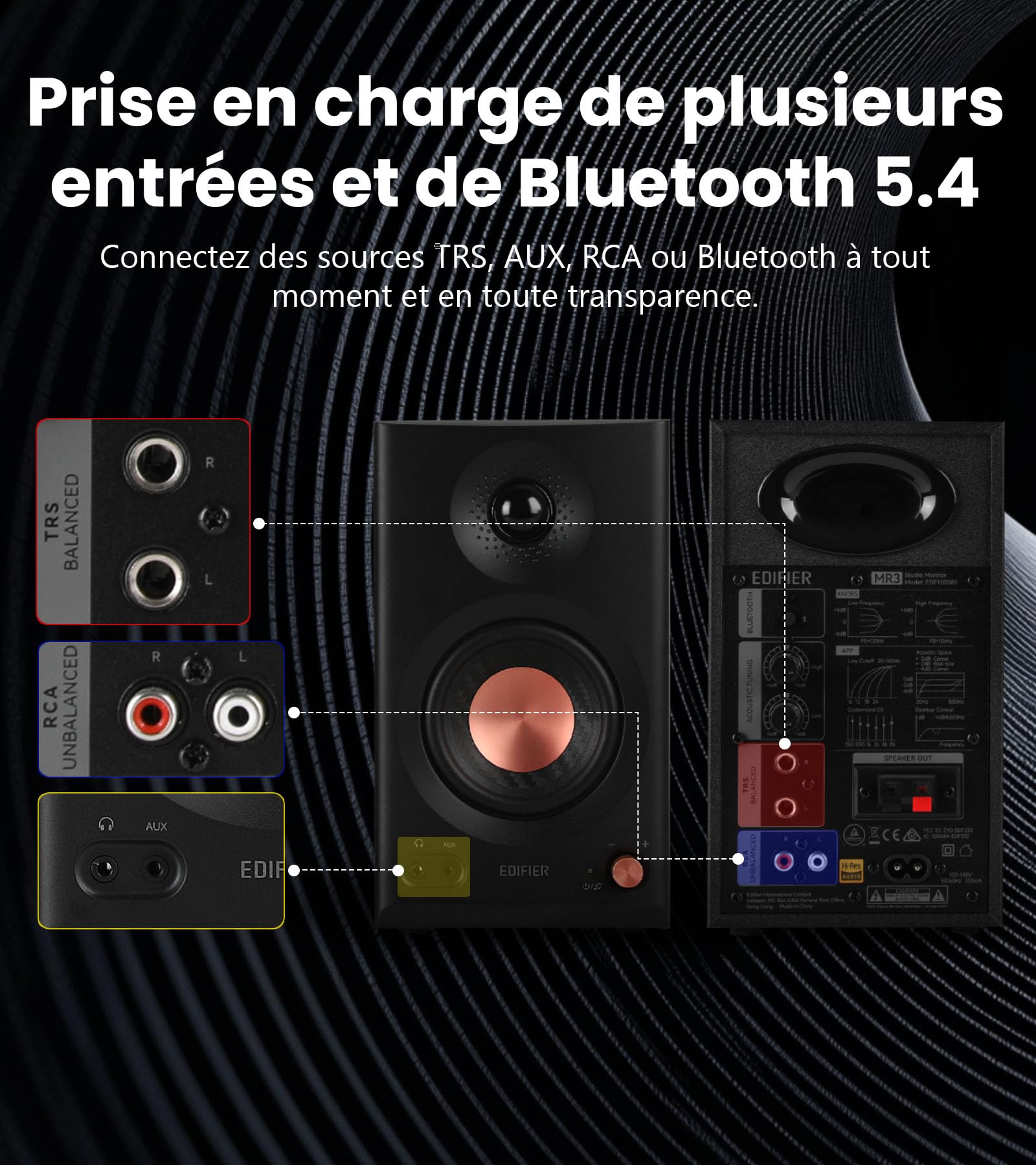 Edifier MR3 - Haut Parleurs de Studio Compacts 2.0, Hi-Res Audio, Bluetooth V5.4, Contrôles physiques, RCA, AUX, Application Mobile, 2x18W, Noir