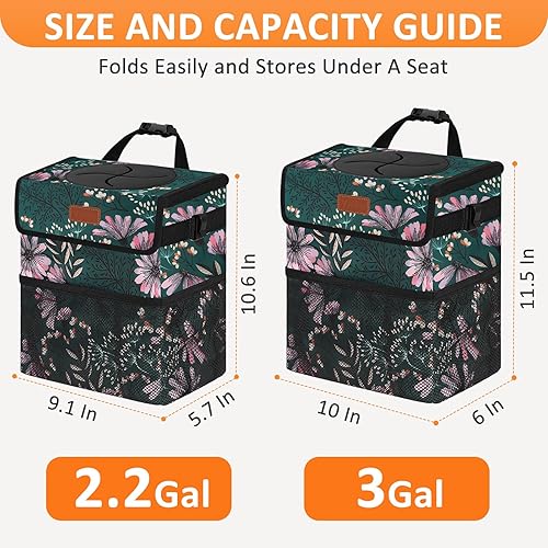 Vista 122 de Bote de basura para automóvil de 3 galones con tapa, bolsa de basura para automóvil, impermeable, a prueba de fugas, color negro floral