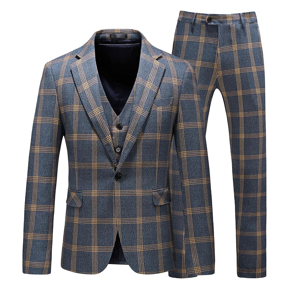 Mens 3 Piece Check Blazer Set Plaid Jacket Vest Pants Suits
