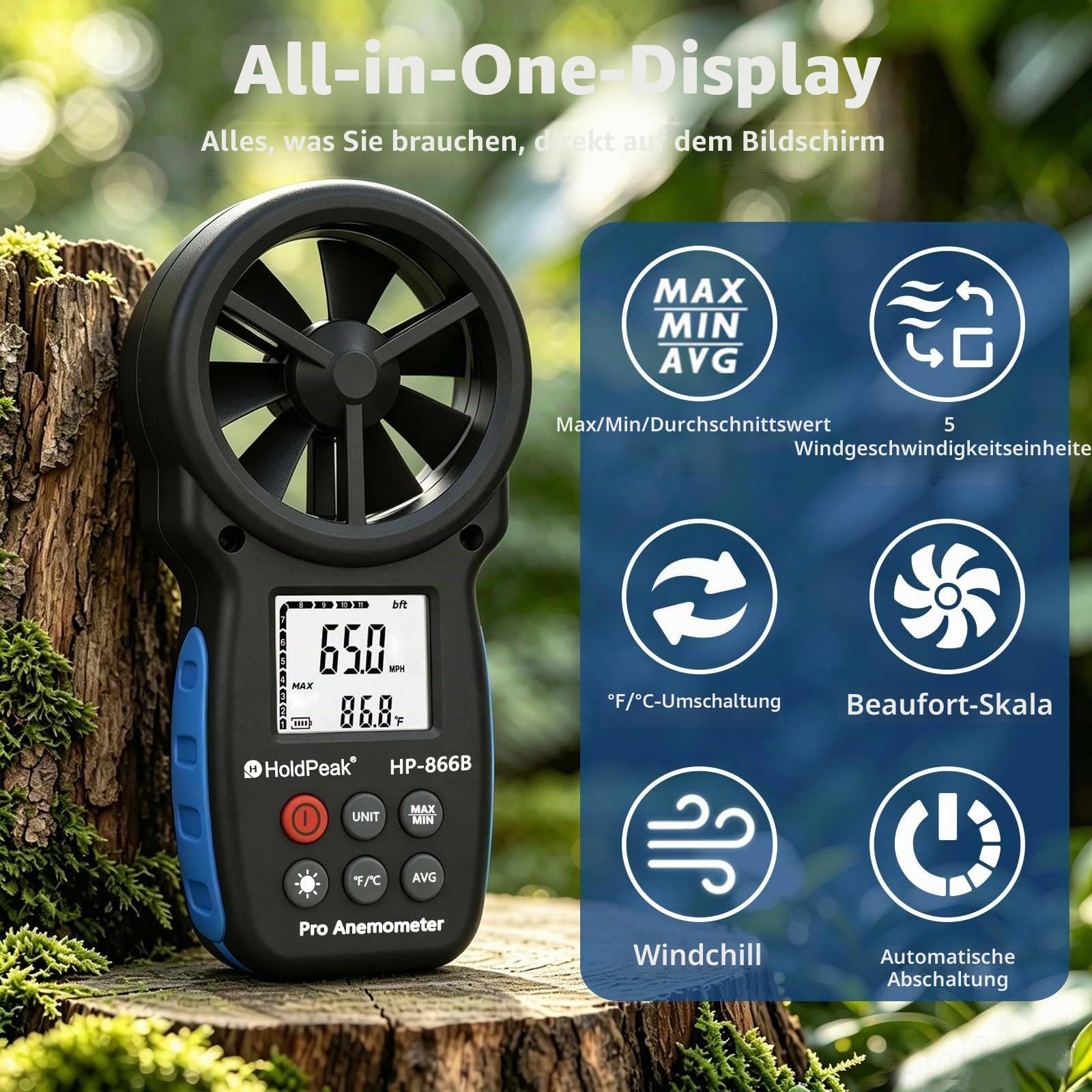 Digitales Anemometer Windgeschwindigkeitsmessgerät mit LCD-Hintergrundbeleuchtung