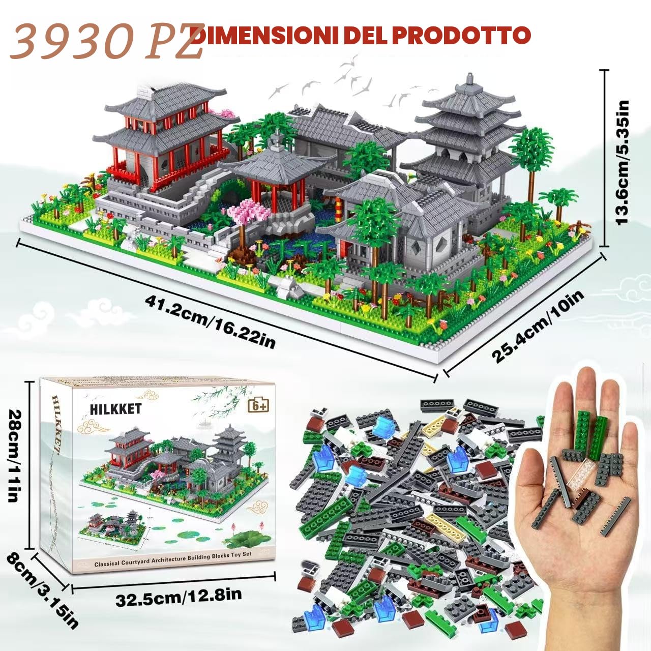 HILKKET Mini Architettura Cinese di Suzhou Garden, 3930 PCS Suzhou Garden Micro Mattoncini da Costruzione con Luci, Classico Cinese Suzhou Costruzioni per Casa Bonsai