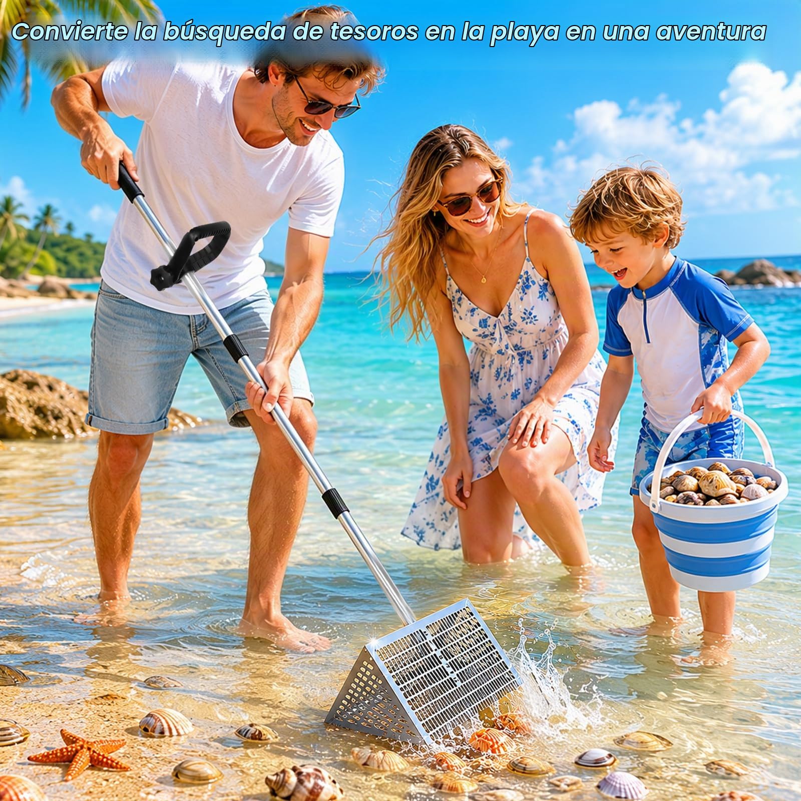 Rastrillo para pulgas de arena, rastrillo de tesoro de playa de acero inoxidable, tamiz de arena de acero inoxidable de 16 pulgadas de ancho para dientes de tiburón, conchas y cangrejos de