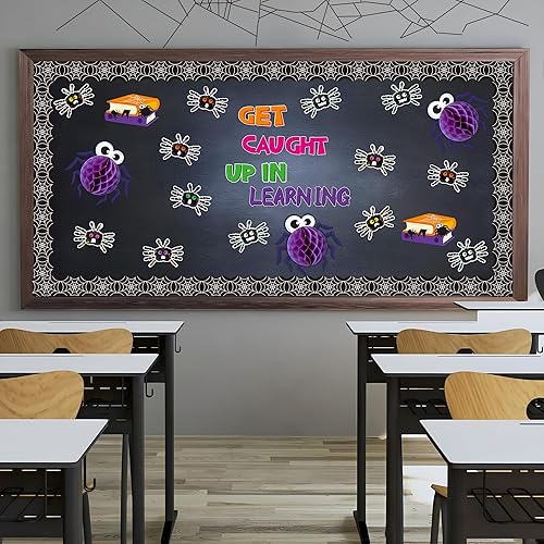 Miniatura 6 de Yopyame Juego de 109 tablones de anuncios para Halloween, diseño de araña, panal, diseño de araña, diseño de flores, borde de telaraña, borde de