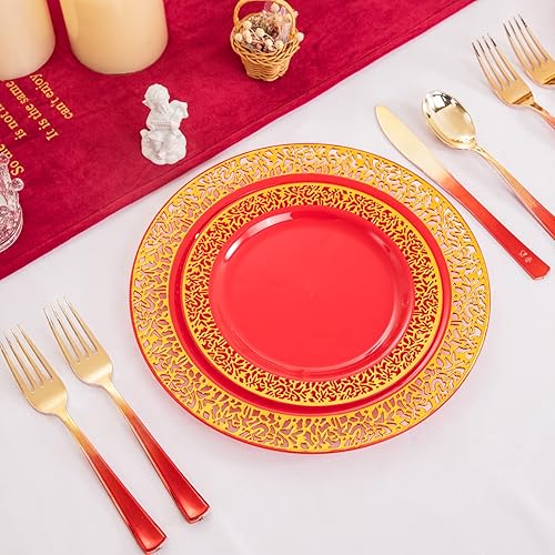 Miniatura 4 de U-QE 150 platos de plástico rojo y dorado, platos desechables rojos con borde dorado para 30 invitados, incluyen 30 platos llanos de 10.25 pulgadas,