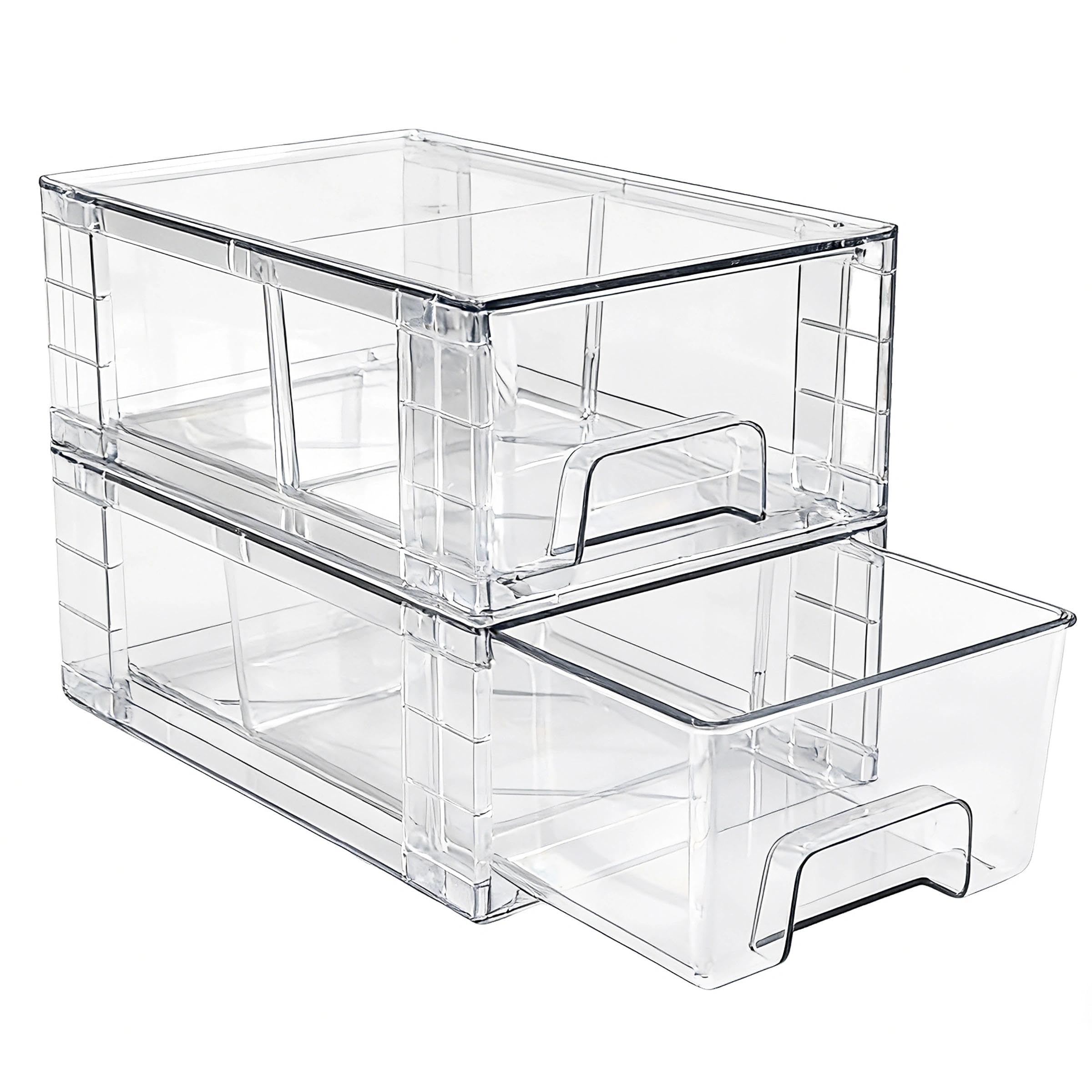 2 Pack Plastic Stackable Storage Drawers, Clear Storage Boxes with Handles