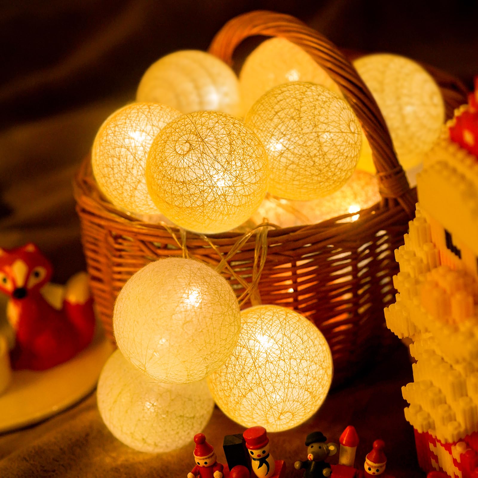 Ciskotu Lichterketten Innen Batterie, 3.8M Lichterkette Lampions 20 LED, Cotton Ball Lichterkette Kugeln für Kinderzimmer Weihnachten Party Garten Terrasse (Weiß)