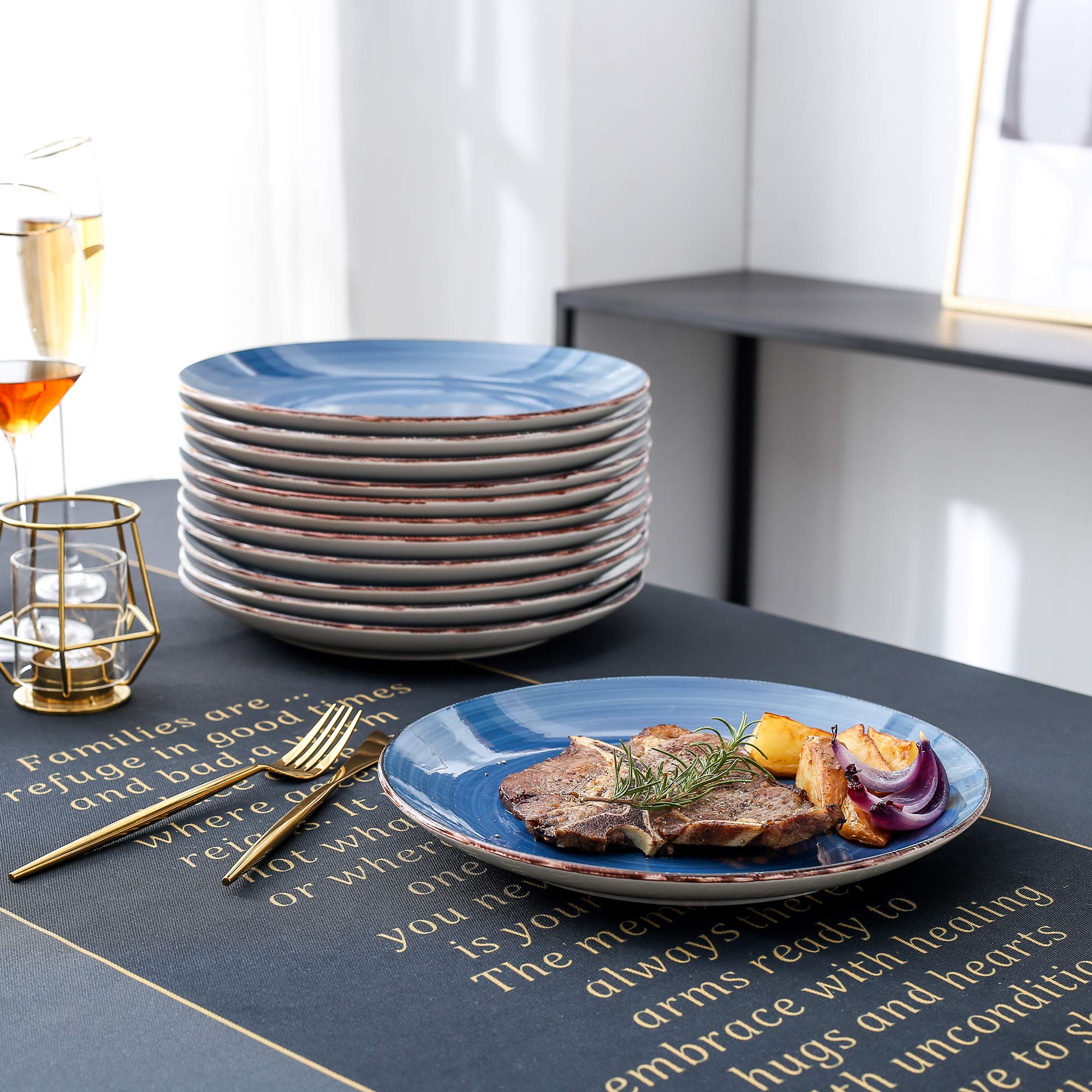 vancasso Bella Blue 12 große Teller, handbemalt, rustikale Optik, 27 cm, für Dinner/Steak/Hauptgericht, kratzfest
