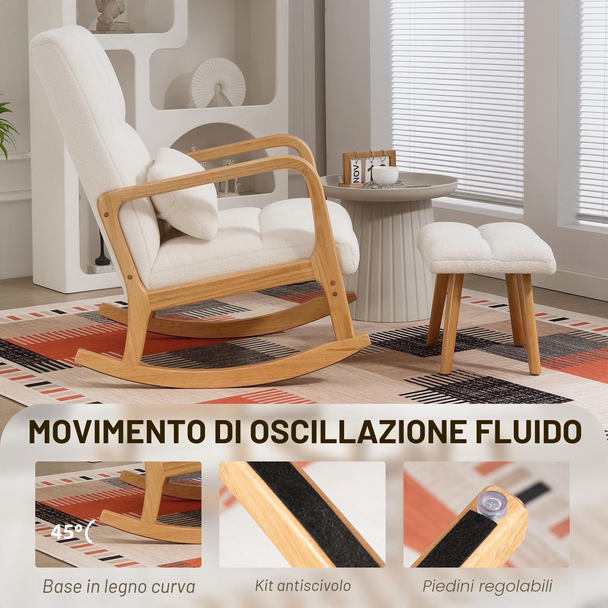 HOMCOM Sedia a dondolo con poggiapiedi, seduta ampia, gambe legno Bianco
