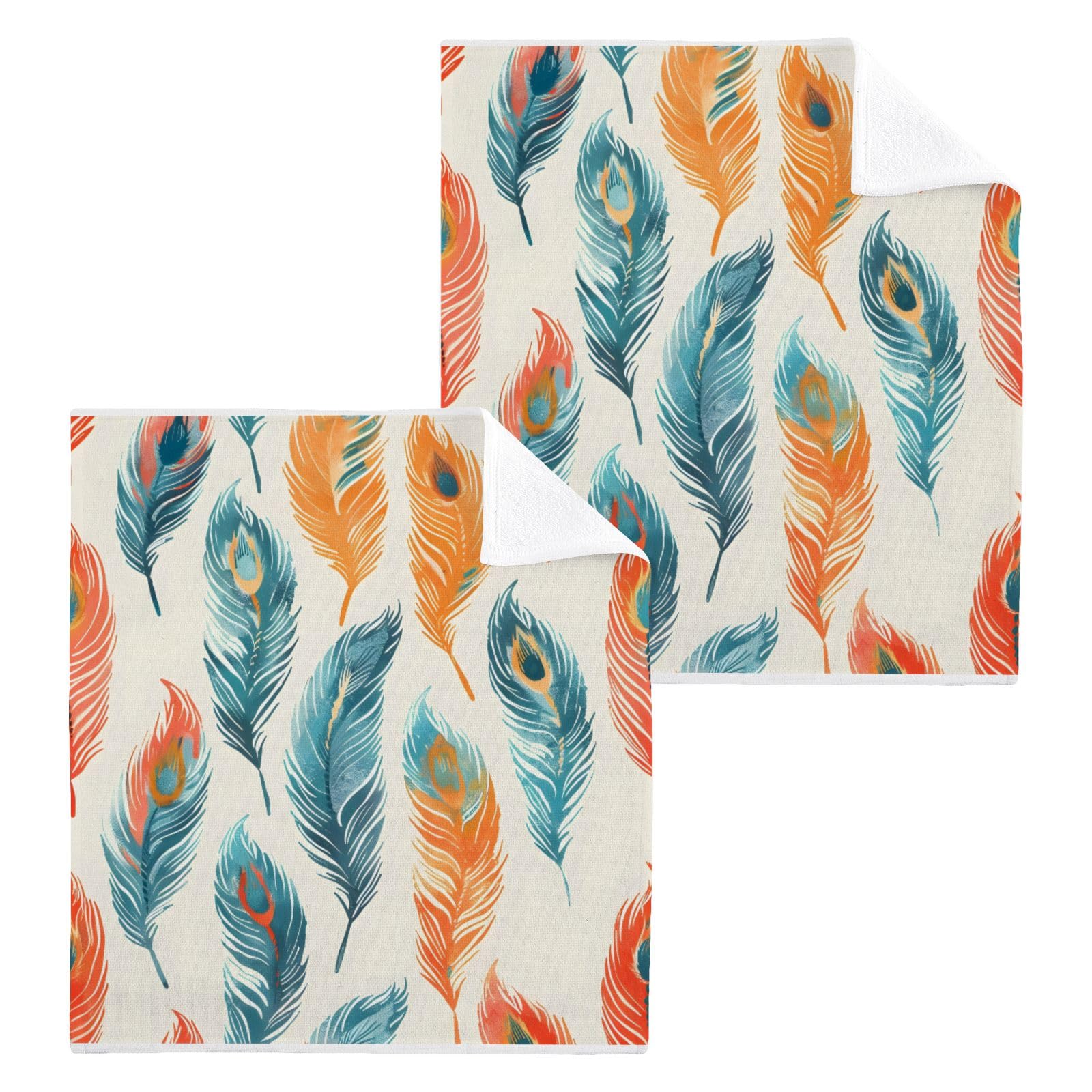 ALAZA Wash Cloth Set 100% Cotton Fingertip Towels Face Cloths Sets Peacock Feather Highly Absorbent Soft Feel Set of 2