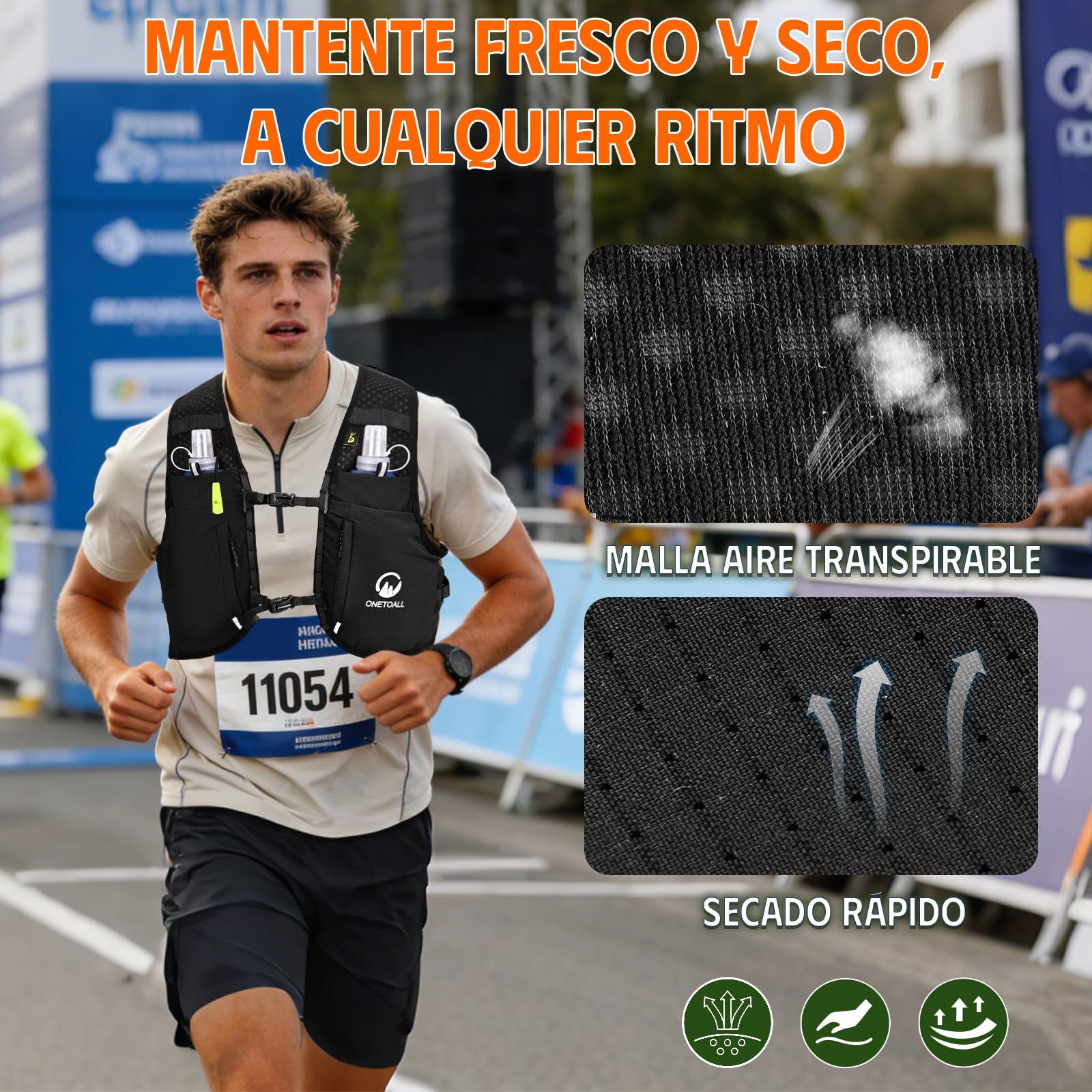 Chaleco Running Hombre Mujer con 2 Botella 500ml y Luz LED Recargable, Chaleco Hidratacion Trail Running, Mochila Hidratacion Running Vest Mochila Running para Correr Senderismo Montaña