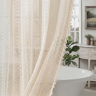 Beige Boho Lace Shower Curtain Crochet Bathroom Curtain with 12 Hook | 7...